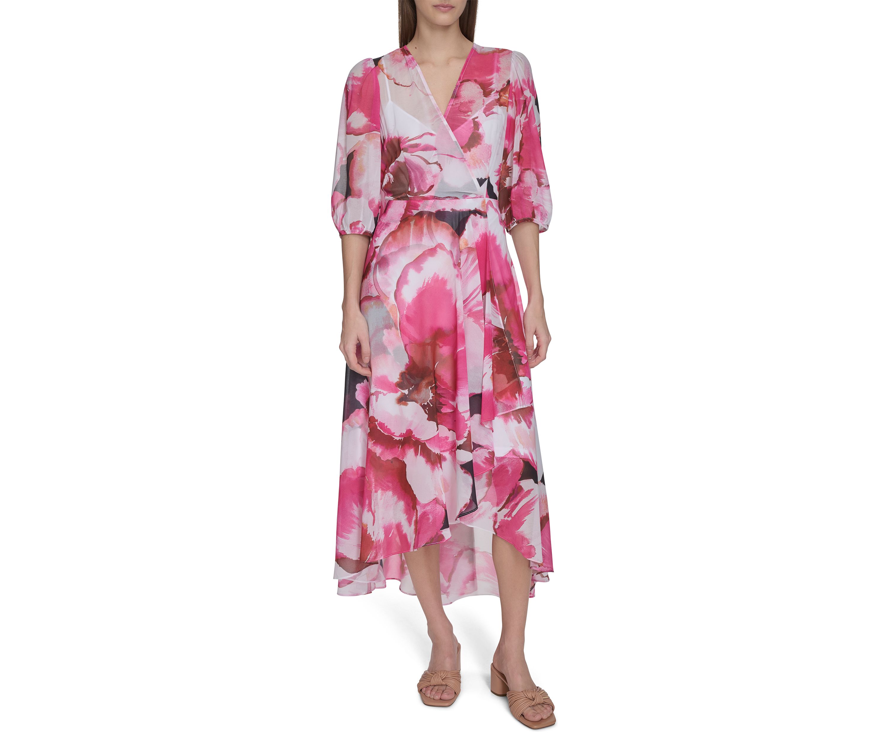 Womens 3/4 Blouson Sleeve Floral Print A-Line Dress