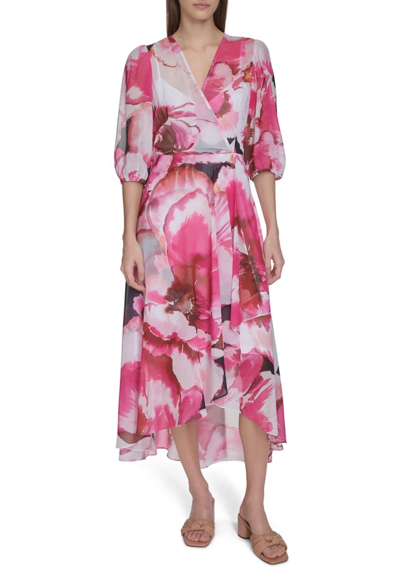 Womens 3/4 Blouson Sleeve Floral Print A-Line Dress