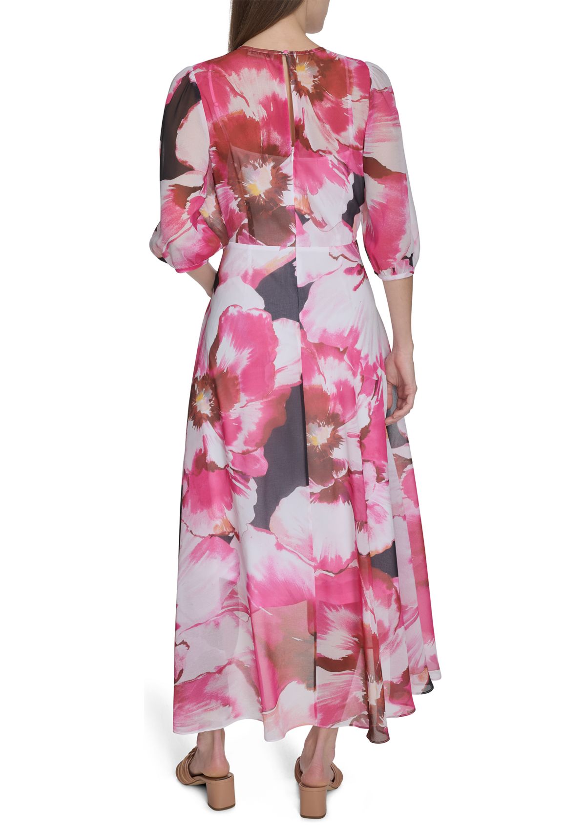 Womens 3/4 Blouson Sleeve Floral Print A-Line Dress