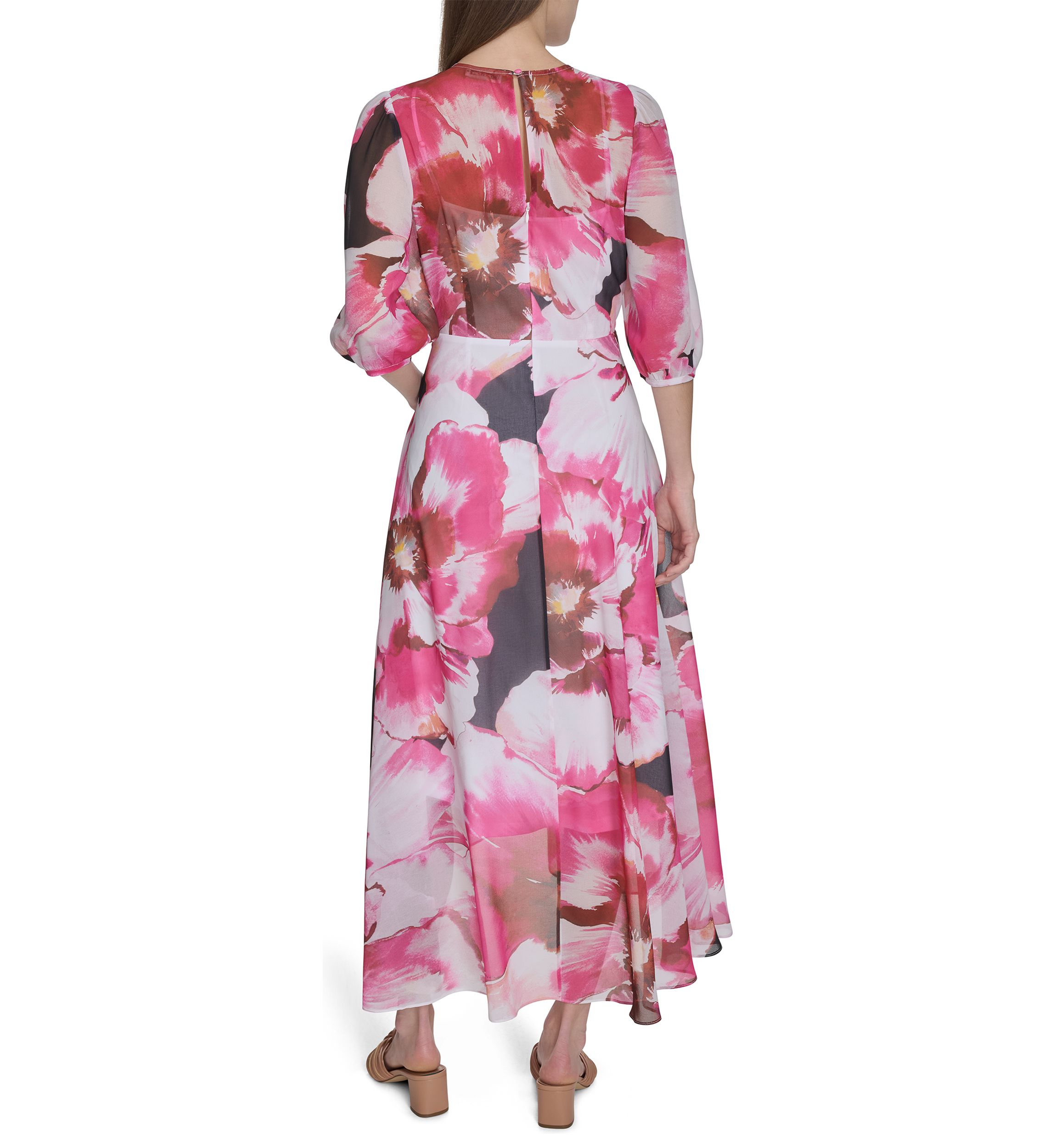Womens 3/4 Blouson Sleeve Floral Print A-Line Dress