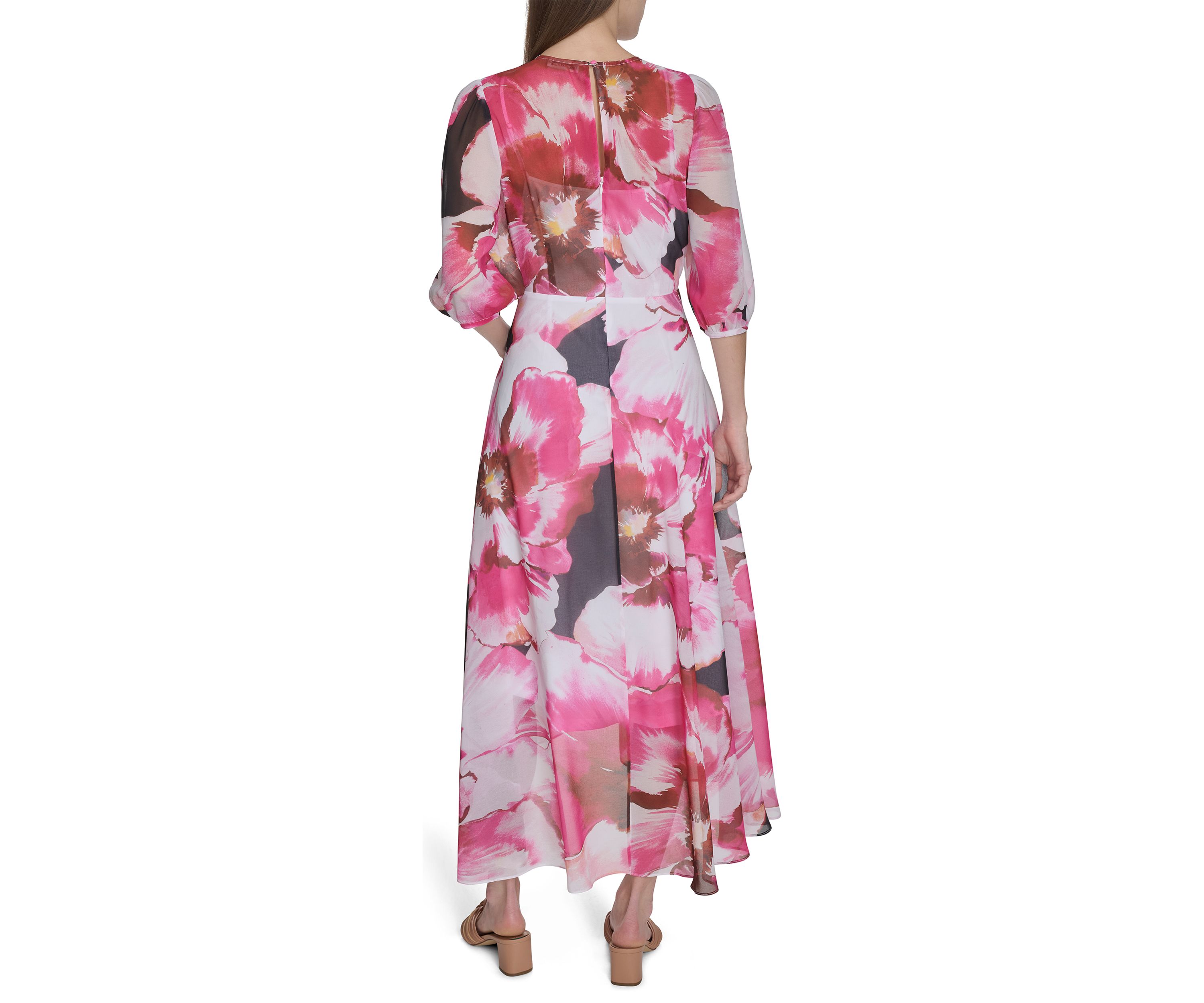 Womens 3/4 Blouson Sleeve Floral Print A-Line Dress