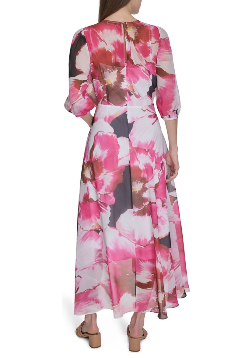 Womens 3/4 Blouson Sleeve Floral Print A-Line Dress