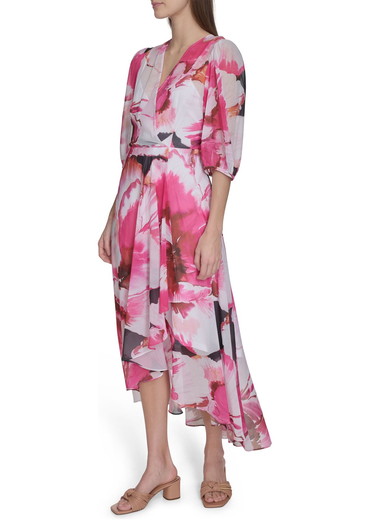 Womens 3/4 Blouson Sleeve Floral Print A-Line Dress