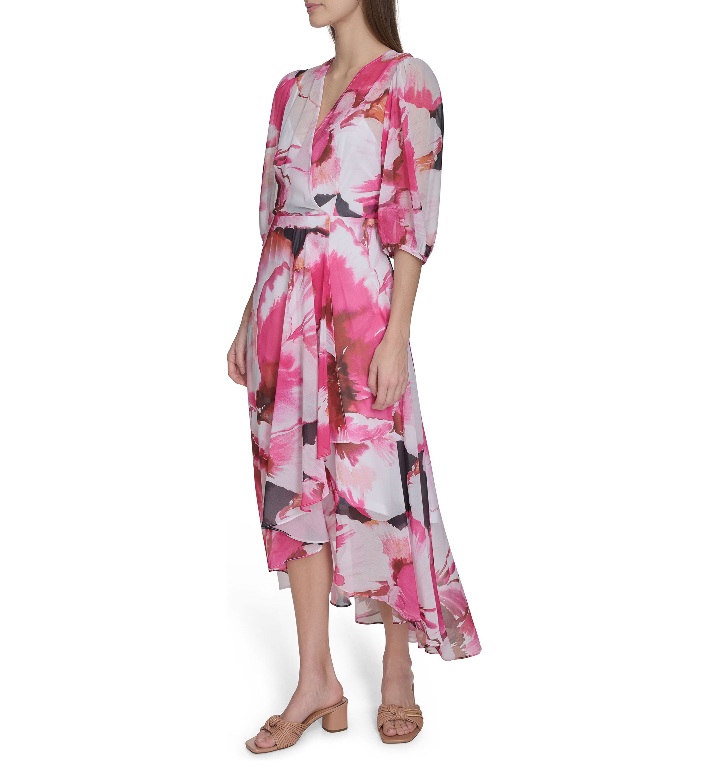 Womens 3/4 Blouson Sleeve Floral Print A-Line Dress
