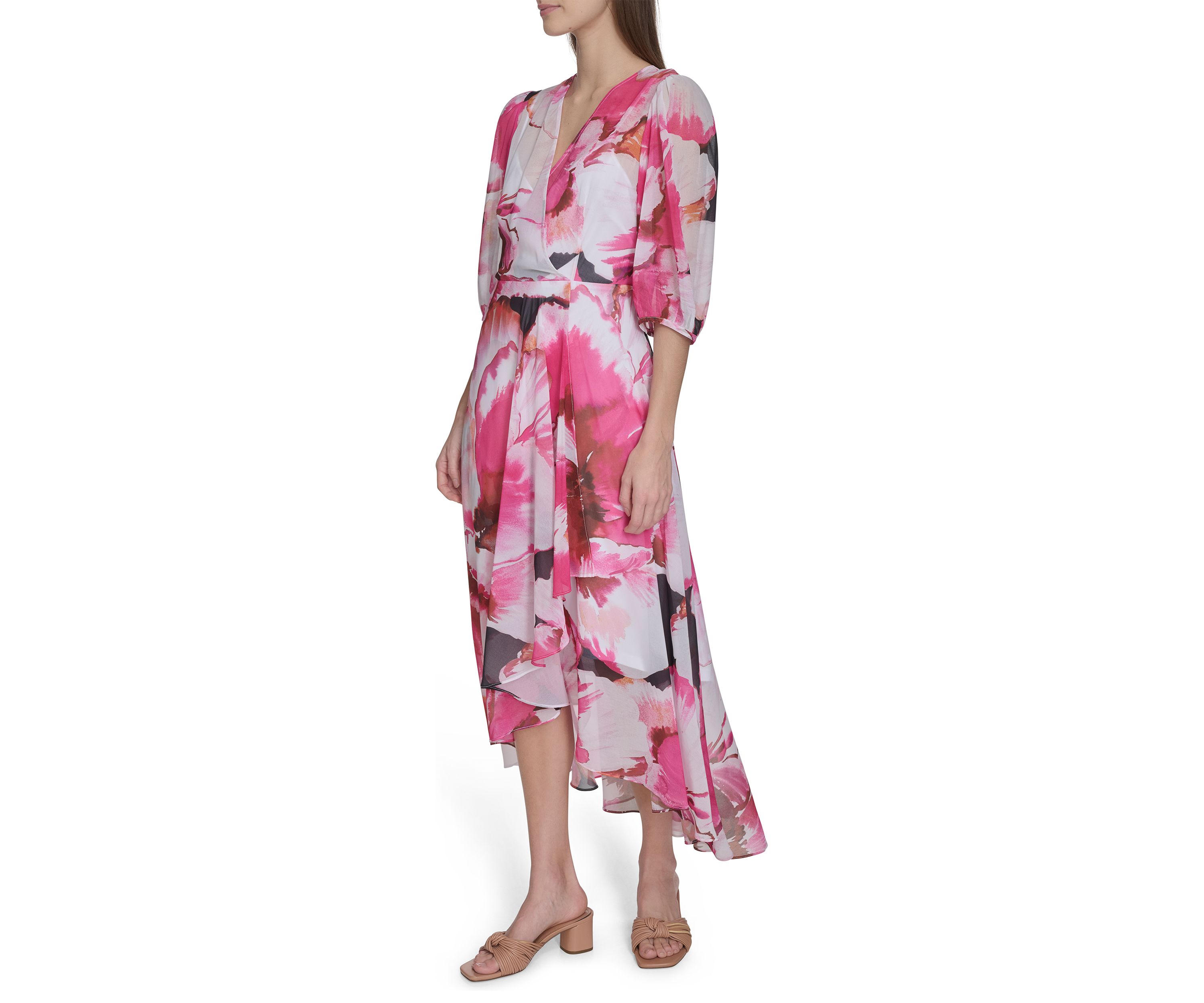 Womens 3/4 Blouson Sleeve Floral Print A-Line Dress