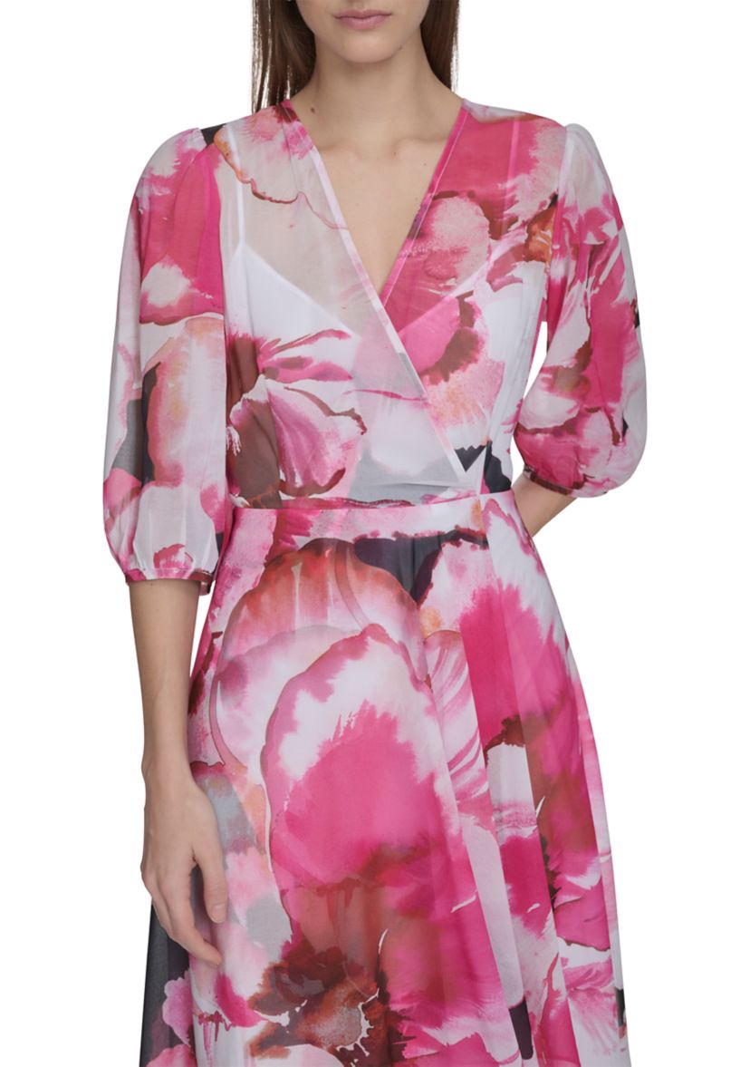 Womens 3/4 Blouson Sleeve Floral Print A-Line Dress