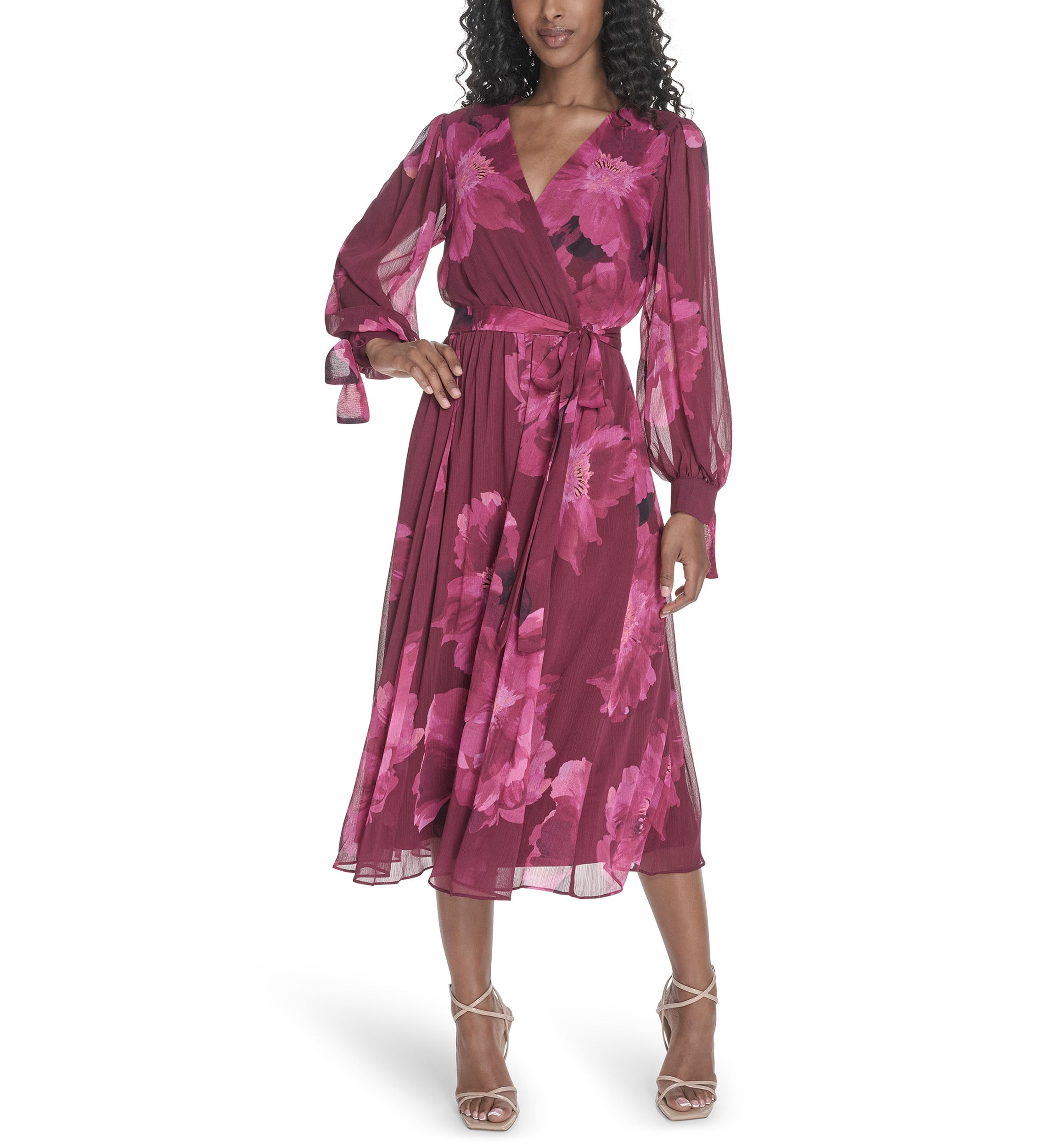 Womens Long Sleeve V-Neck Floral Print Fit and Flare Dress