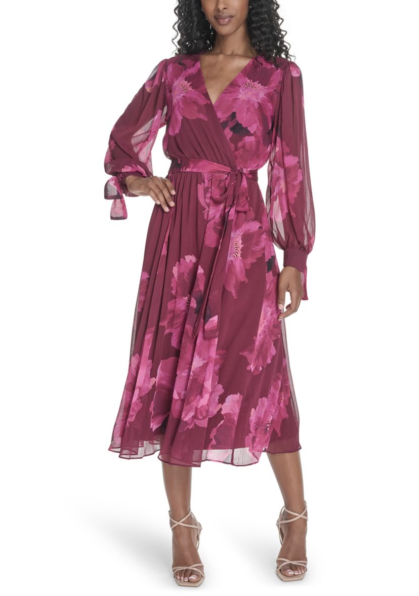 Womens Long Sleeve V-Neck Floral Print Fit and Flare Dress