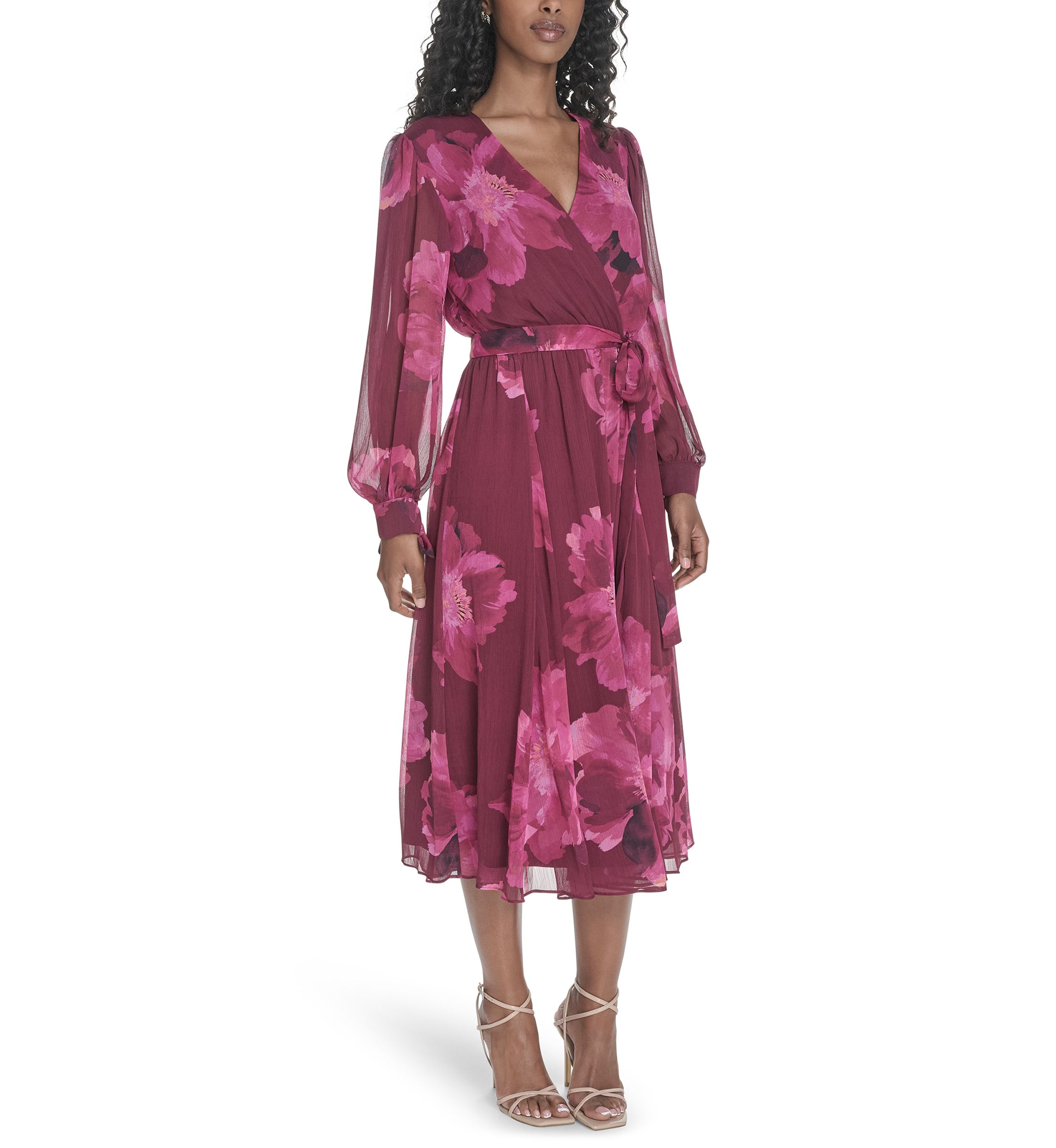 Womens Long Sleeve V-Neck Floral Print Fit and Flare Dress