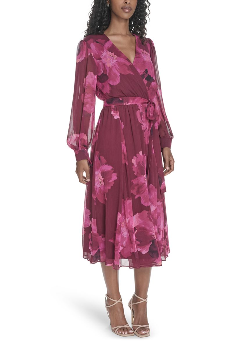 Womens Long Sleeve V-Neck Floral Print Fit and Flare Dress