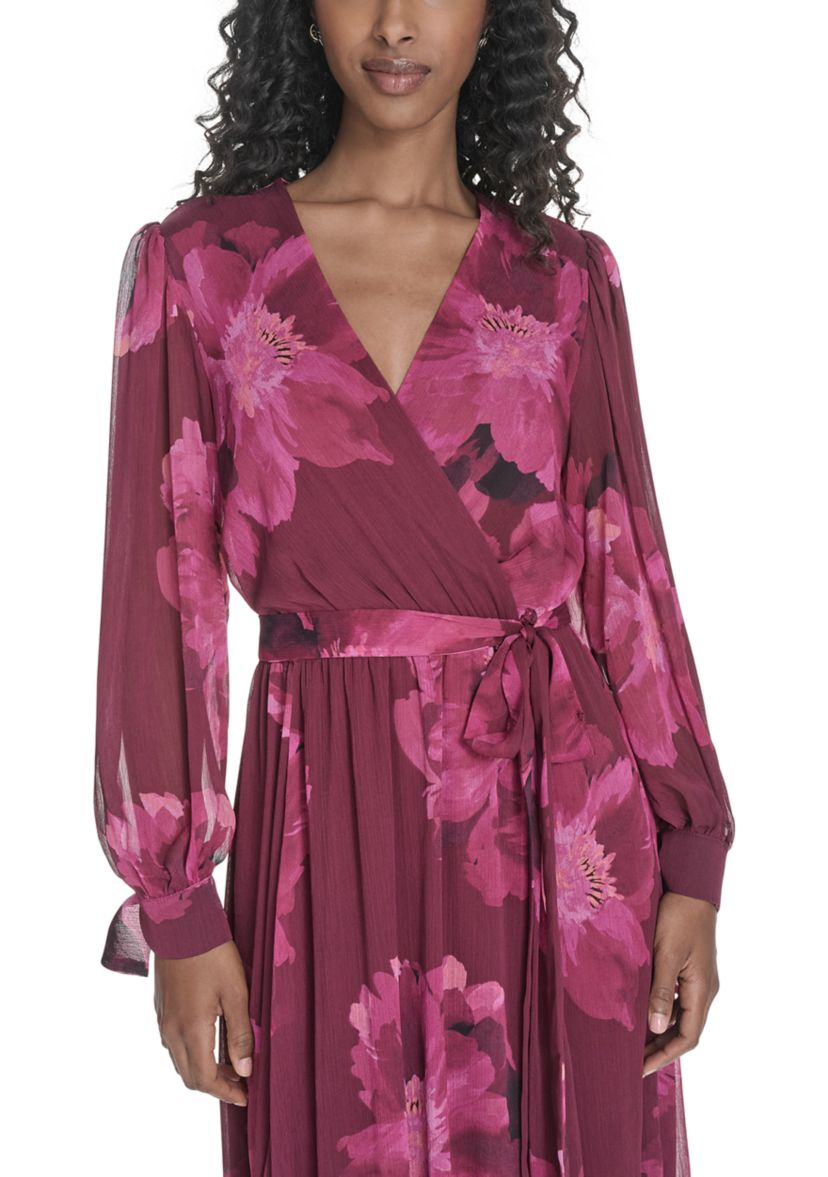 Womens Long Sleeve V-Neck Floral Print Fit and Flare Dress