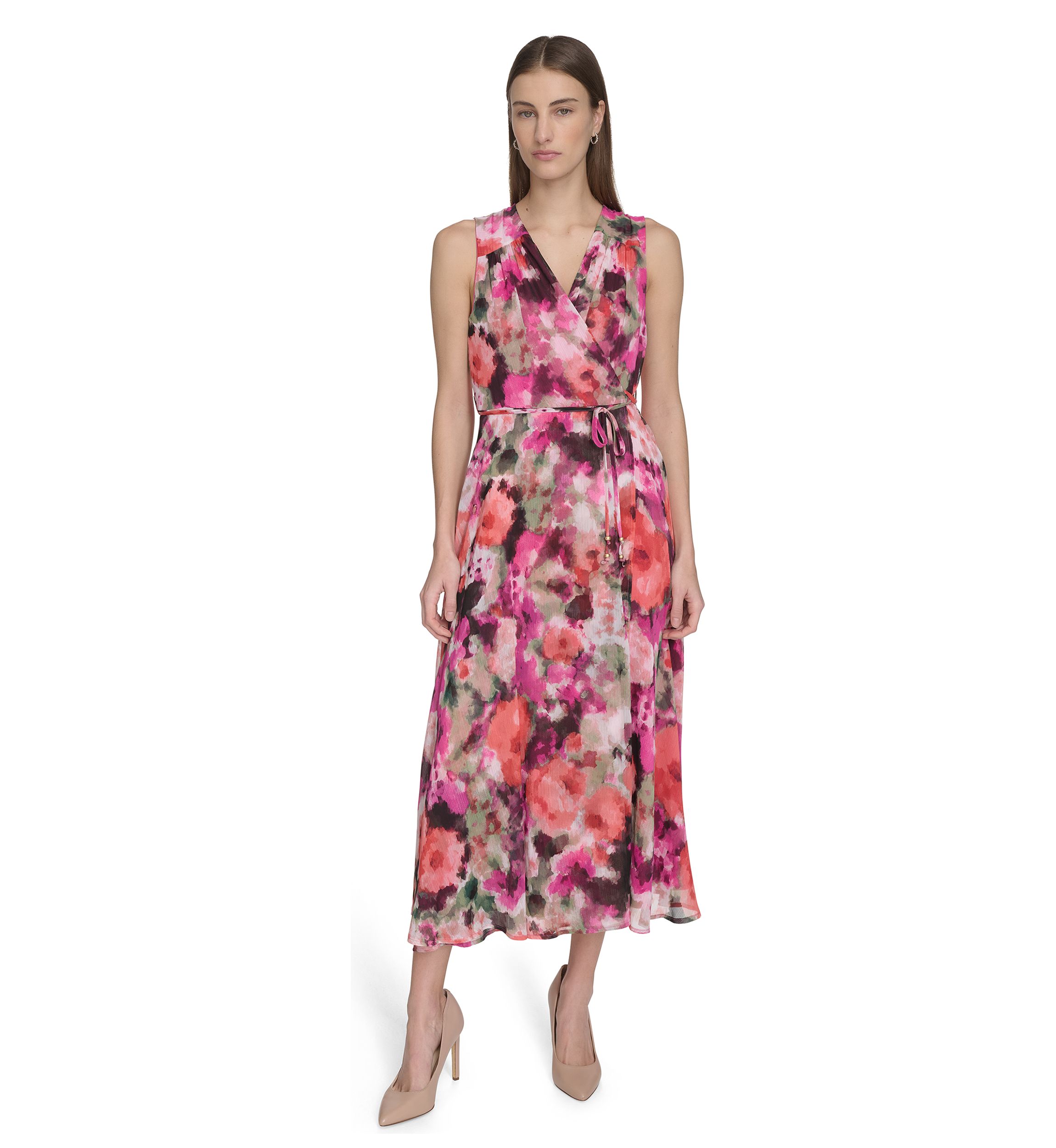 Womens Sleeveless V-Neck Floral Dress