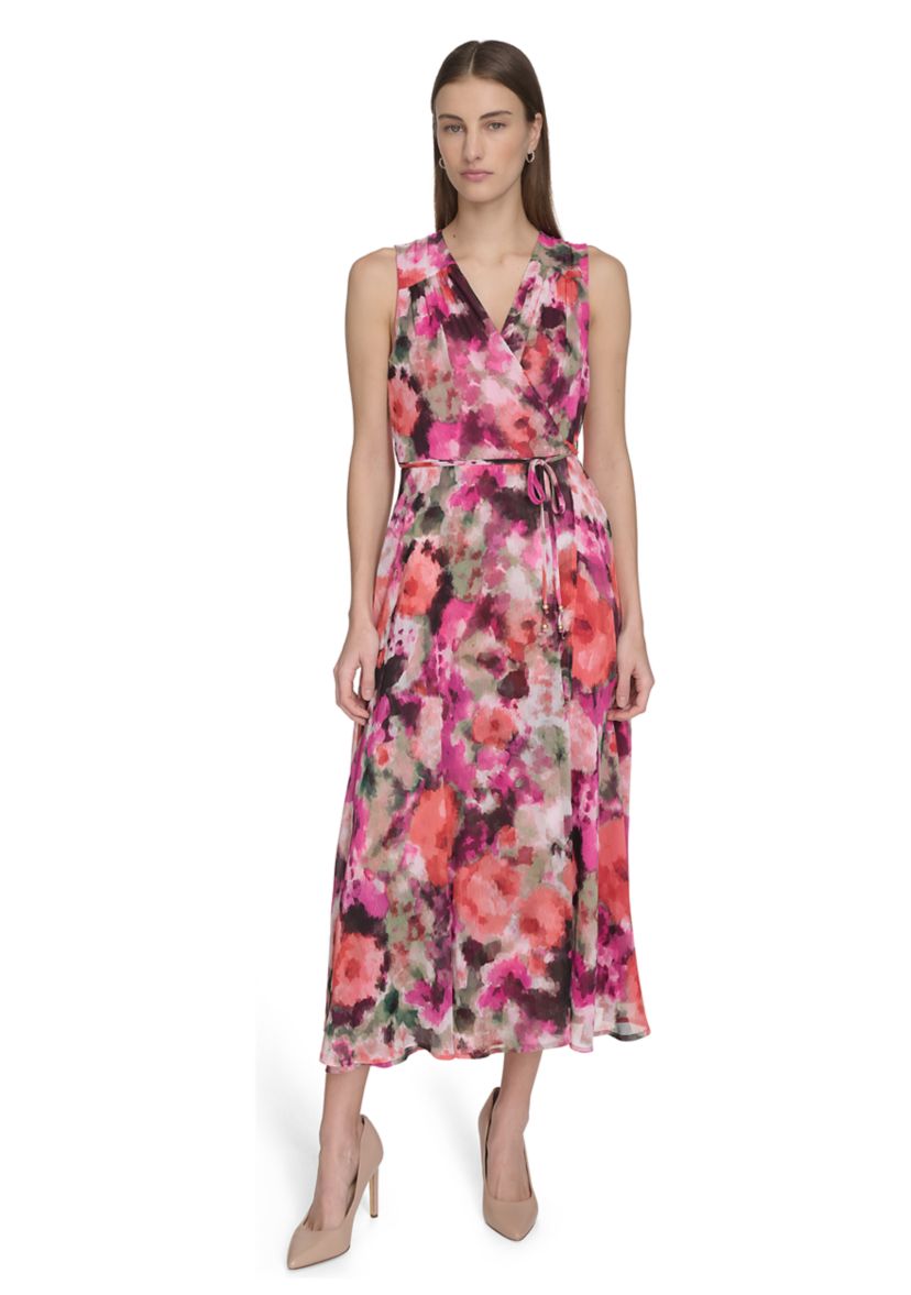 Womens Sleeveless V-Neck Floral Dress
