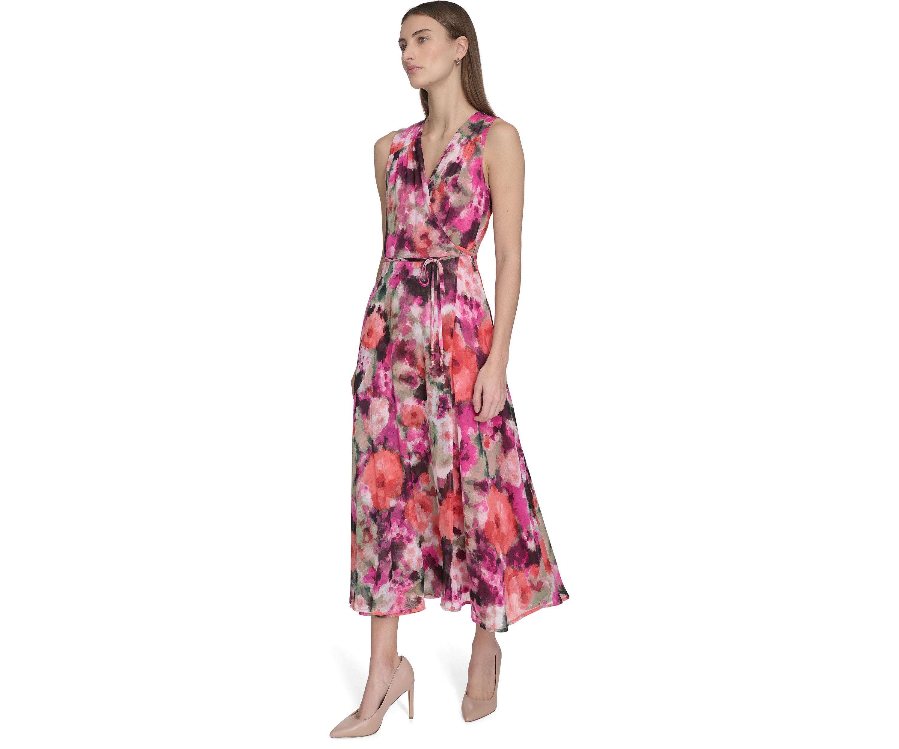 Womens Sleeveless V-Neck Floral Dress