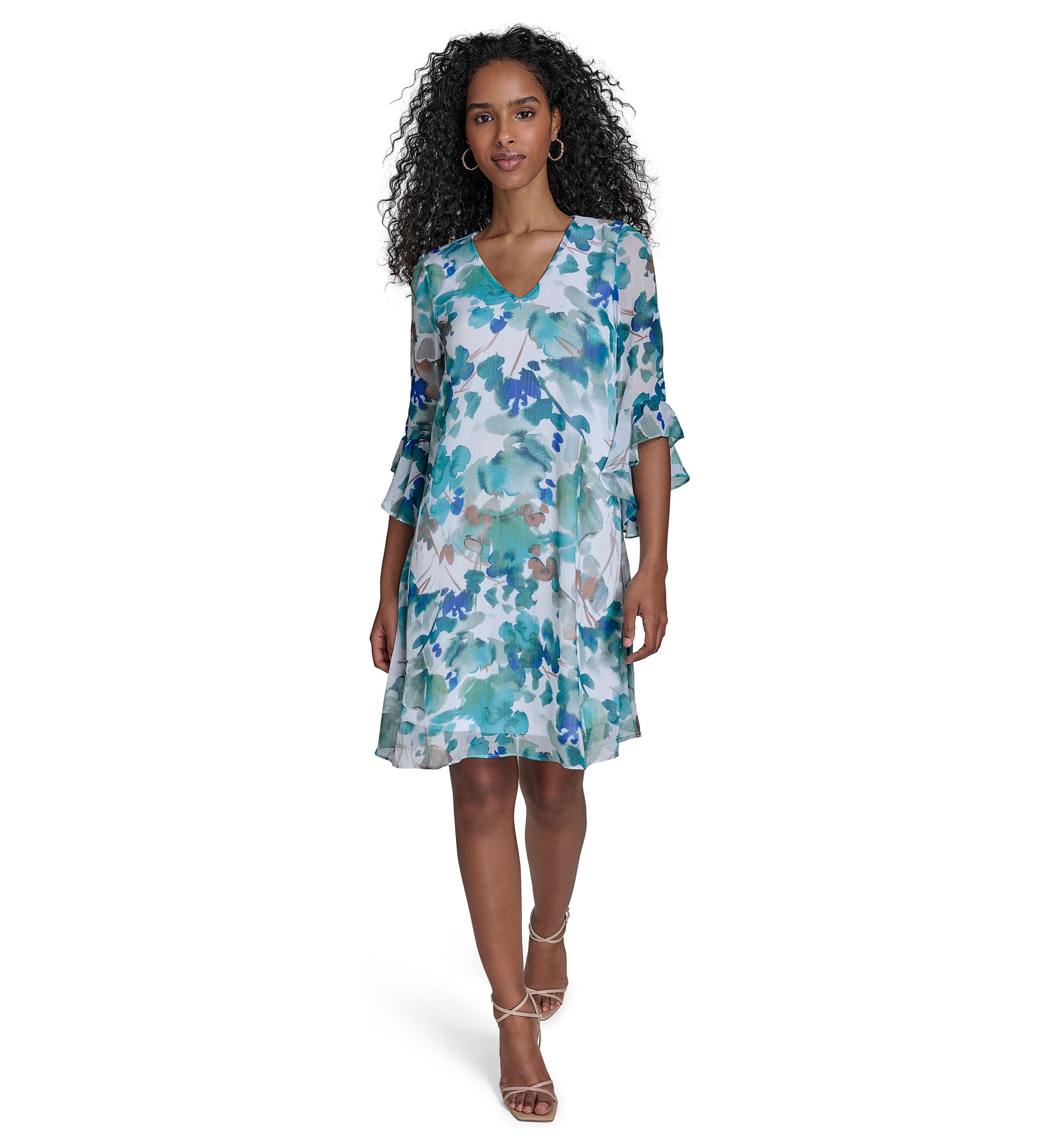 Womens 3/4 Sleeve V-Neck Floral Print A-Line Dress
