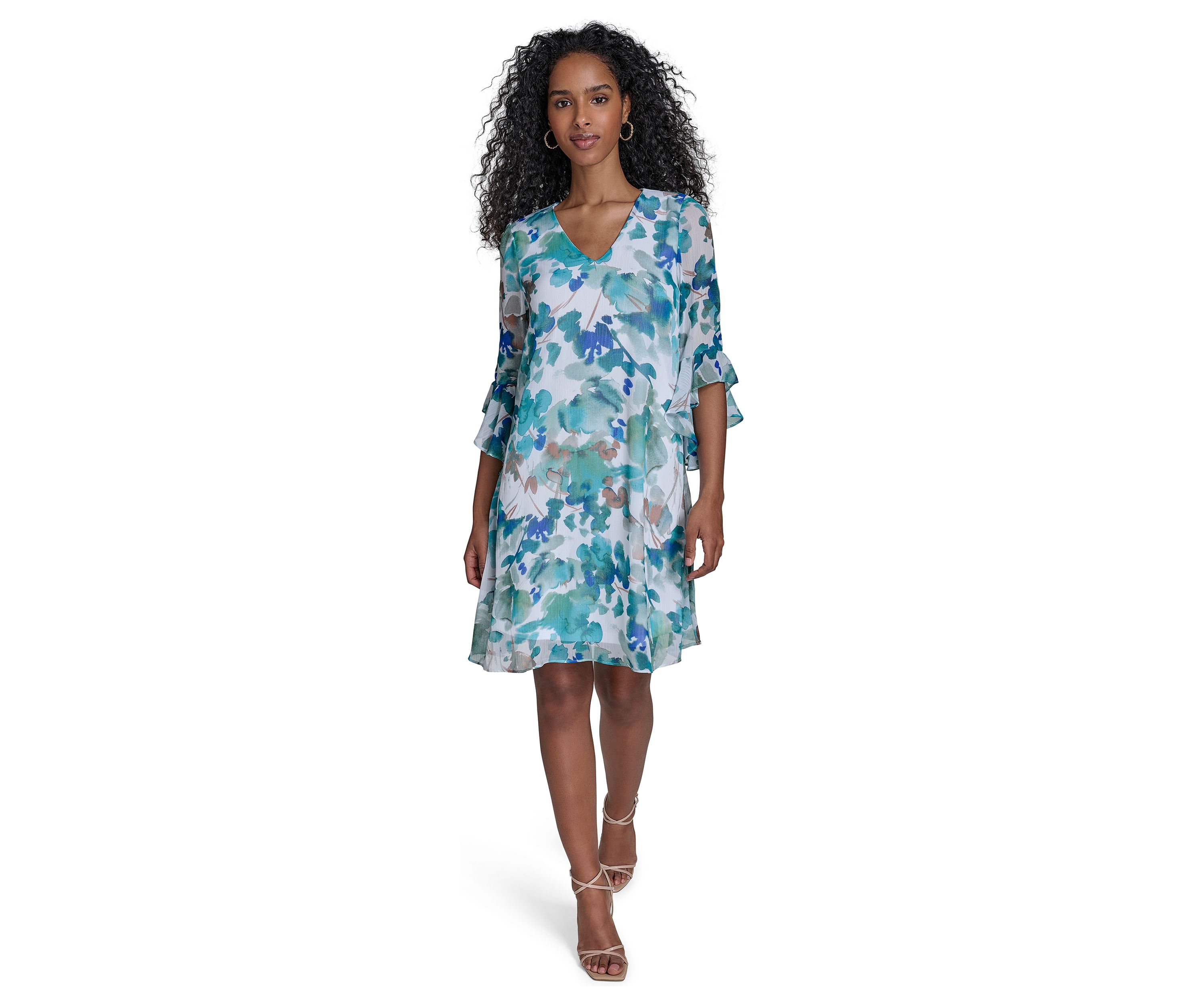 Womens 3/4 Sleeve V-Neck Floral Print A-Line Dress