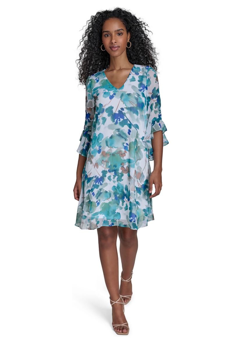 Womens 3/4 Sleeve V-Neck Floral Print A-Line Dress