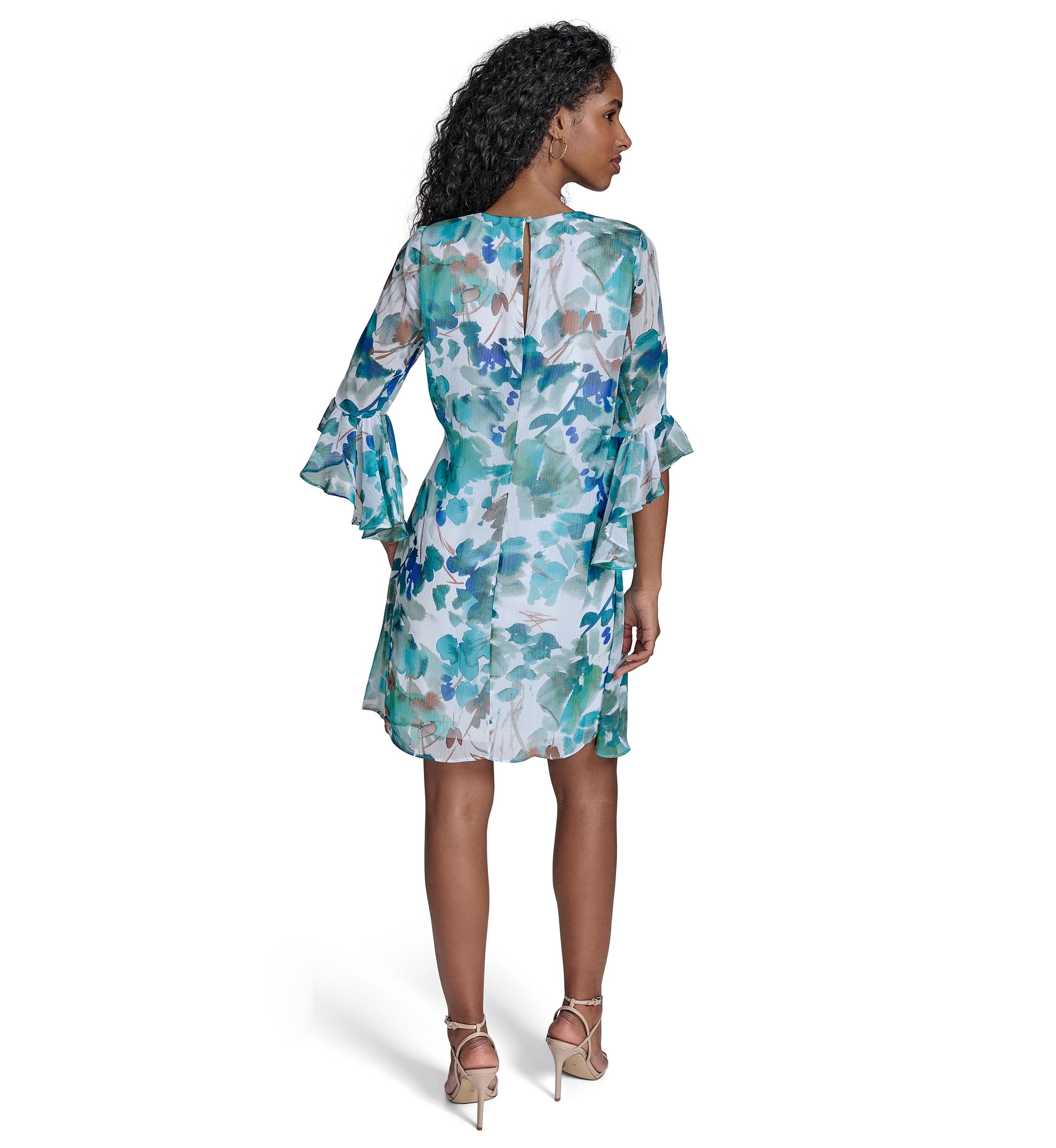 Womens 3/4 Sleeve V-Neck Floral Print A-Line Dress