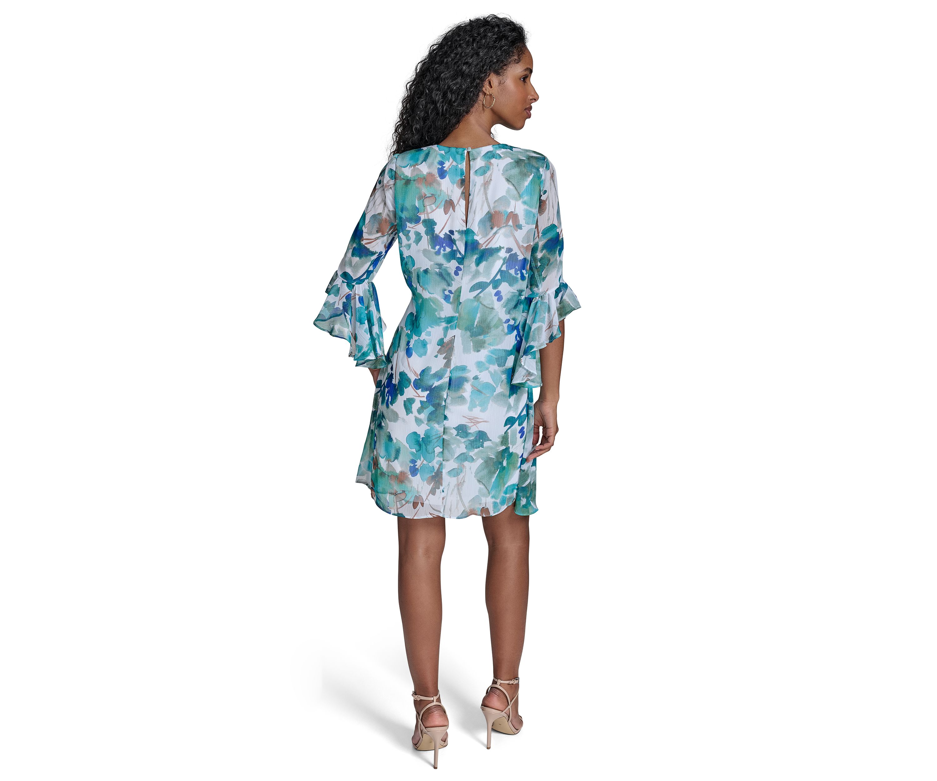 Womens 3/4 Sleeve V-Neck Floral Print A-Line Dress