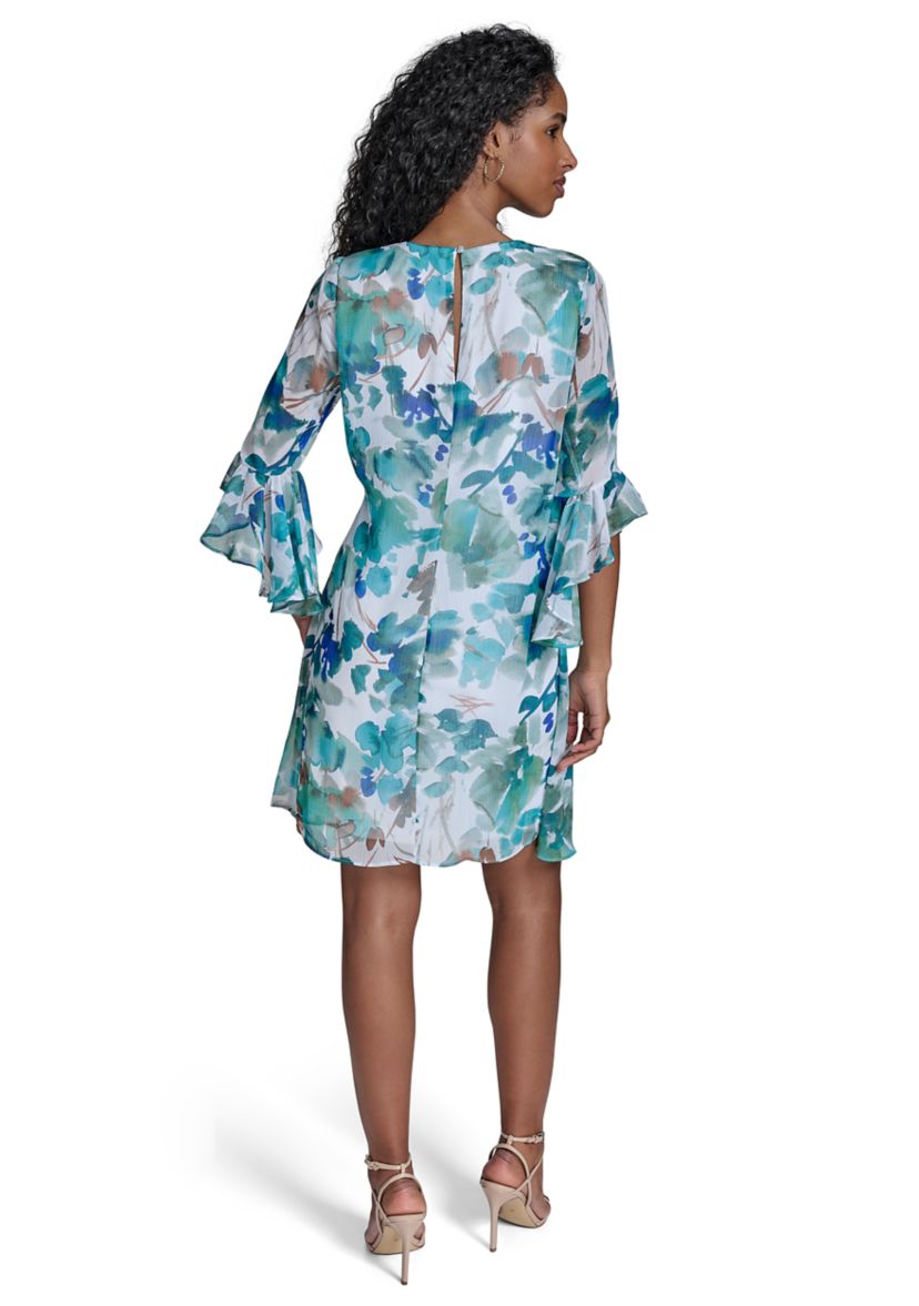 Womens 3/4 Sleeve V-Neck Floral Print A-Line Dress