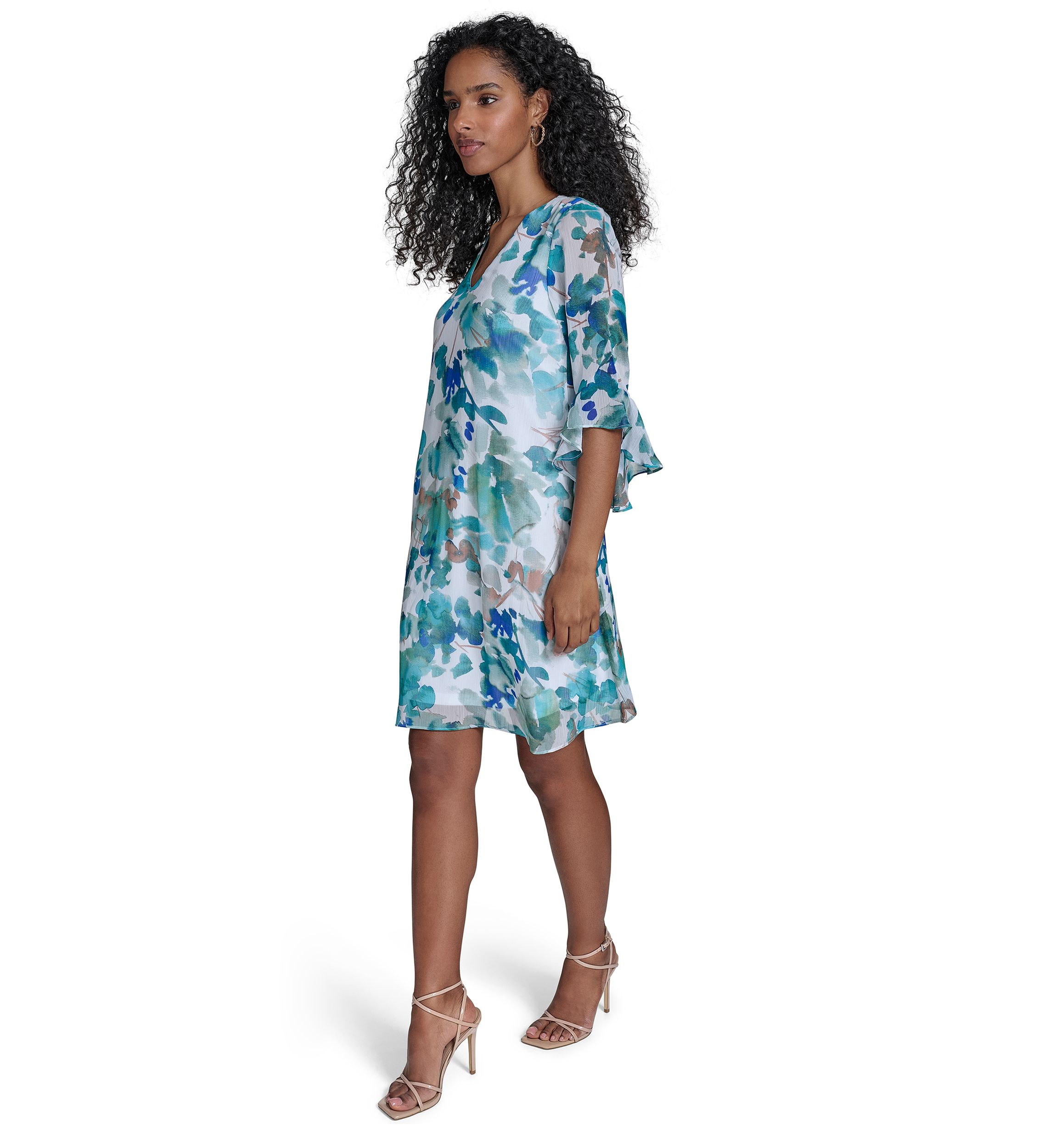 Womens 3/4 Sleeve V-Neck Floral Print A-Line Dress