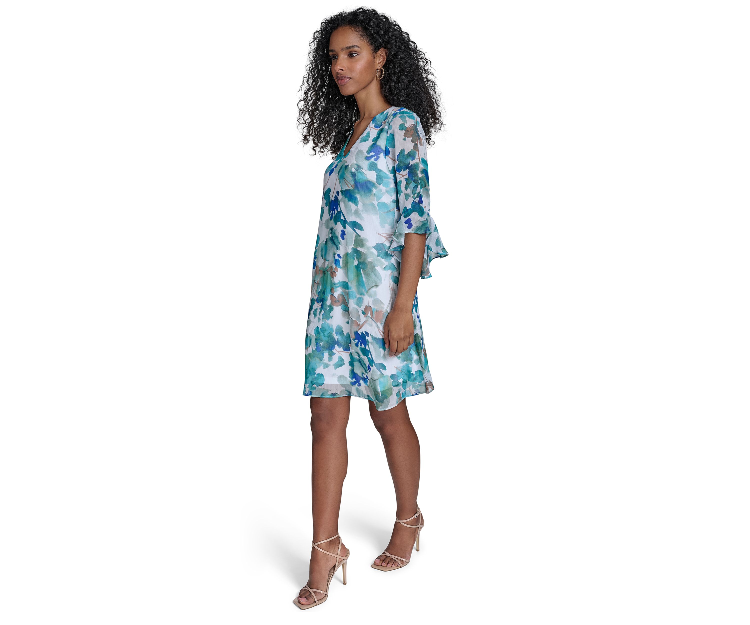 Womens 3/4 Sleeve V-Neck Floral Print A-Line Dress