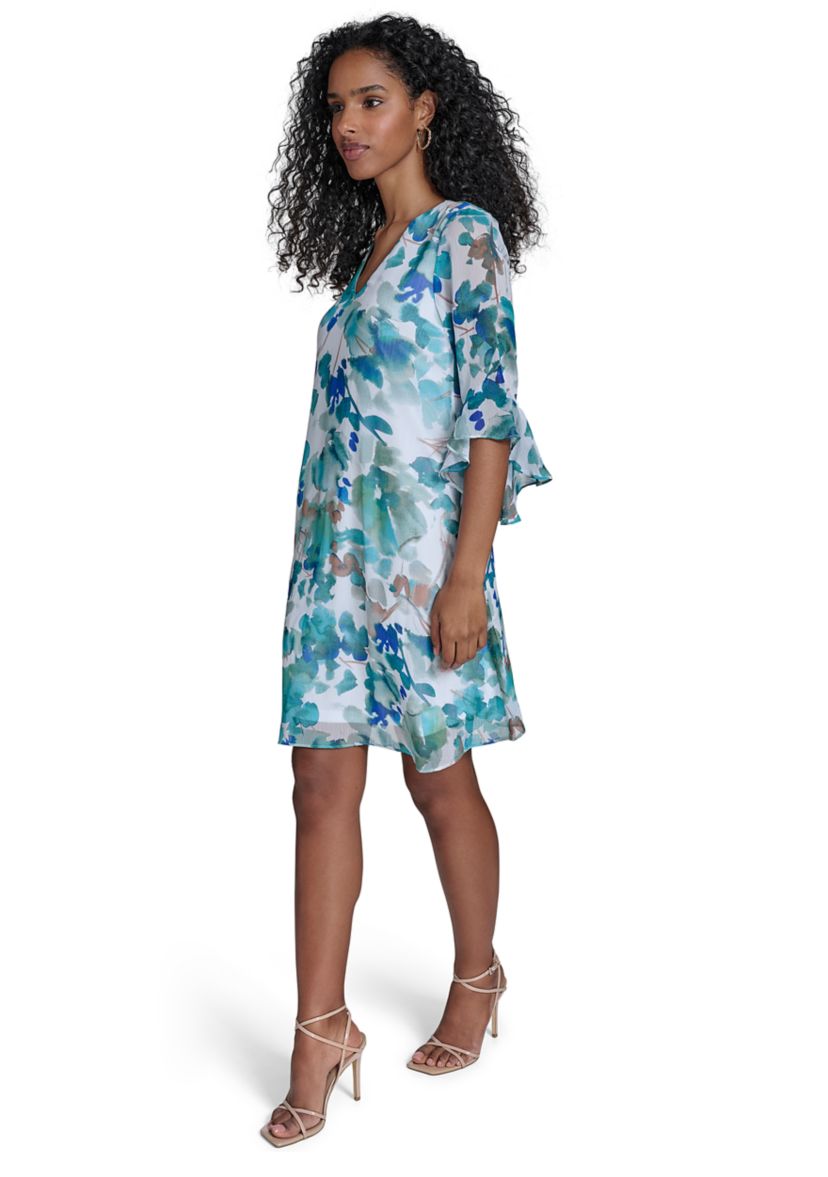 Womens 3/4 Sleeve V-Neck Floral Print A-Line Dress