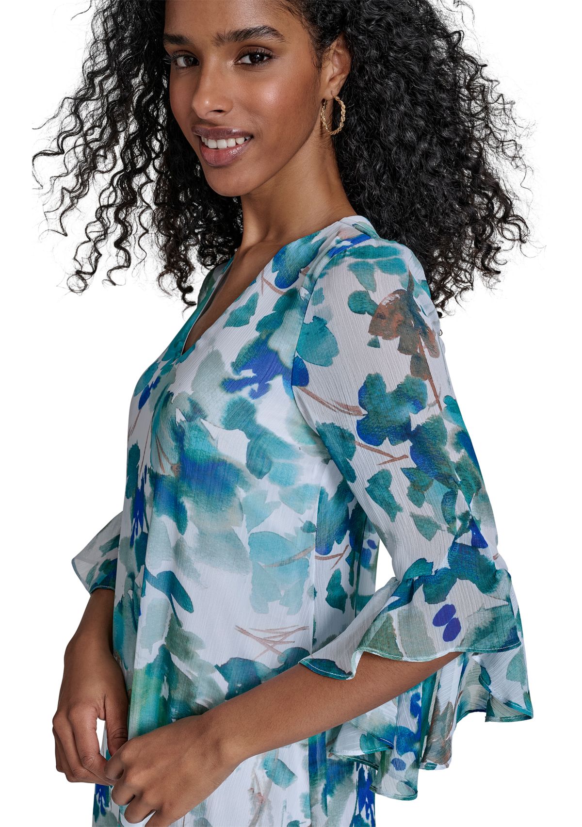 Womens 3/4 Sleeve V-Neck Floral Print A-Line Dress