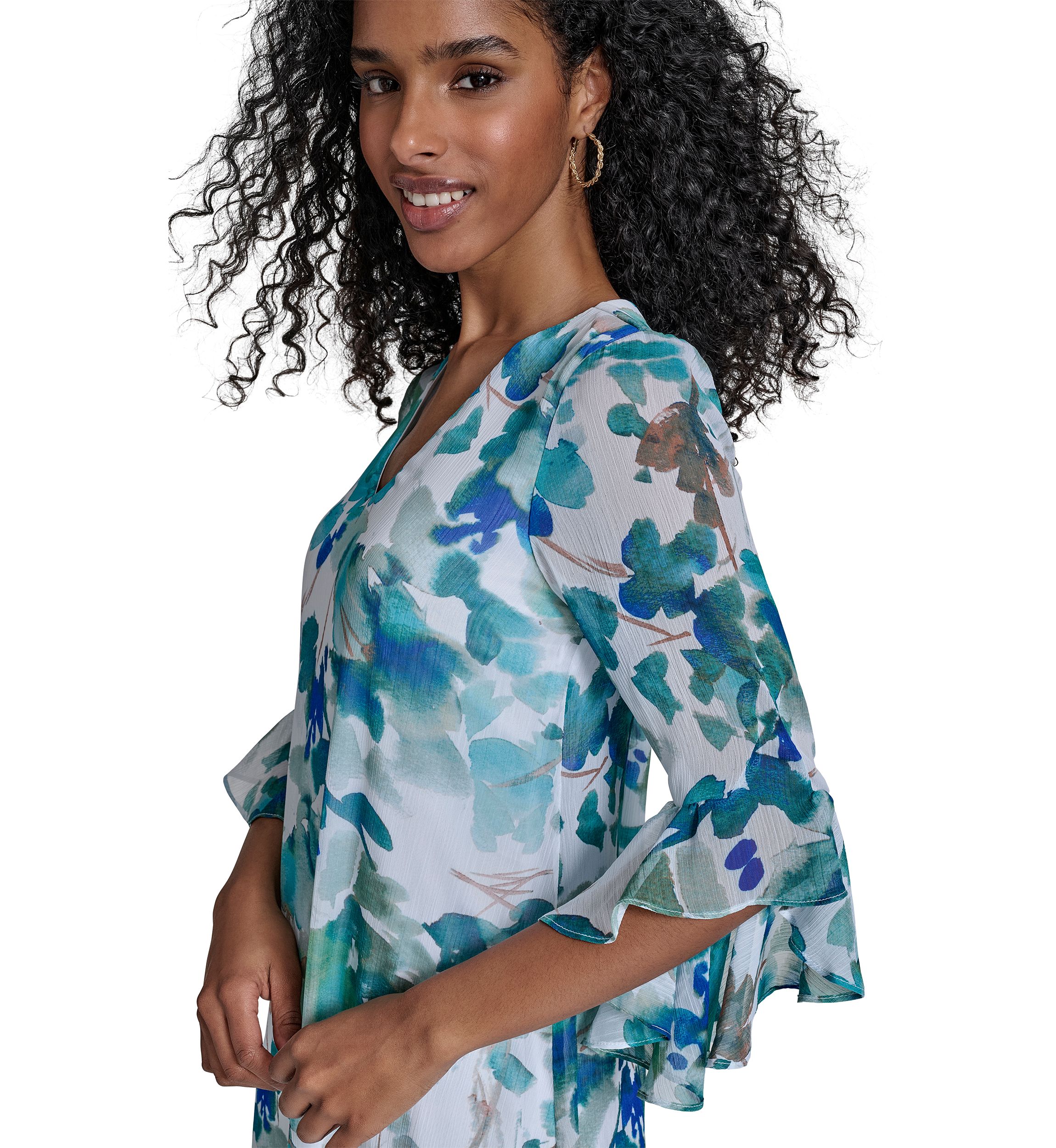 Womens 3/4 Sleeve V-Neck Floral Print A-Line Dress