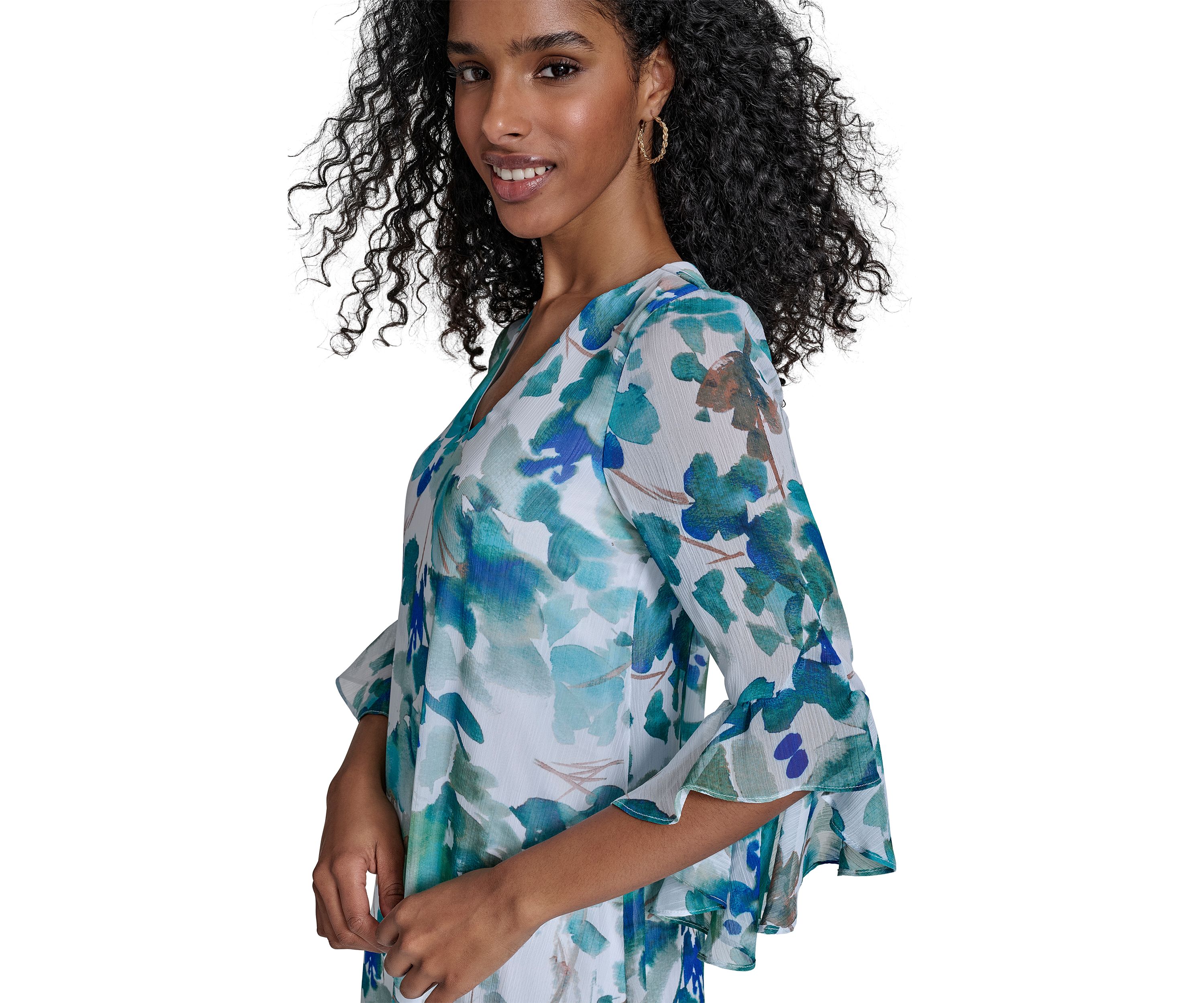 Womens 3/4 Sleeve V-Neck Floral Print A-Line Dress
