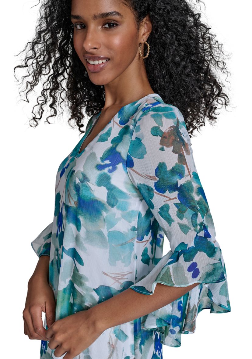 Womens 3/4 Sleeve V-Neck Floral Print A-Line Dress