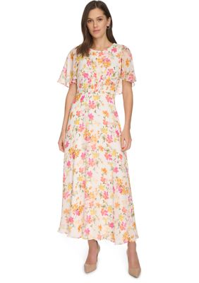 Calvin Klein Women's Short Sleeve Crew Neck Floral Maxi Dress