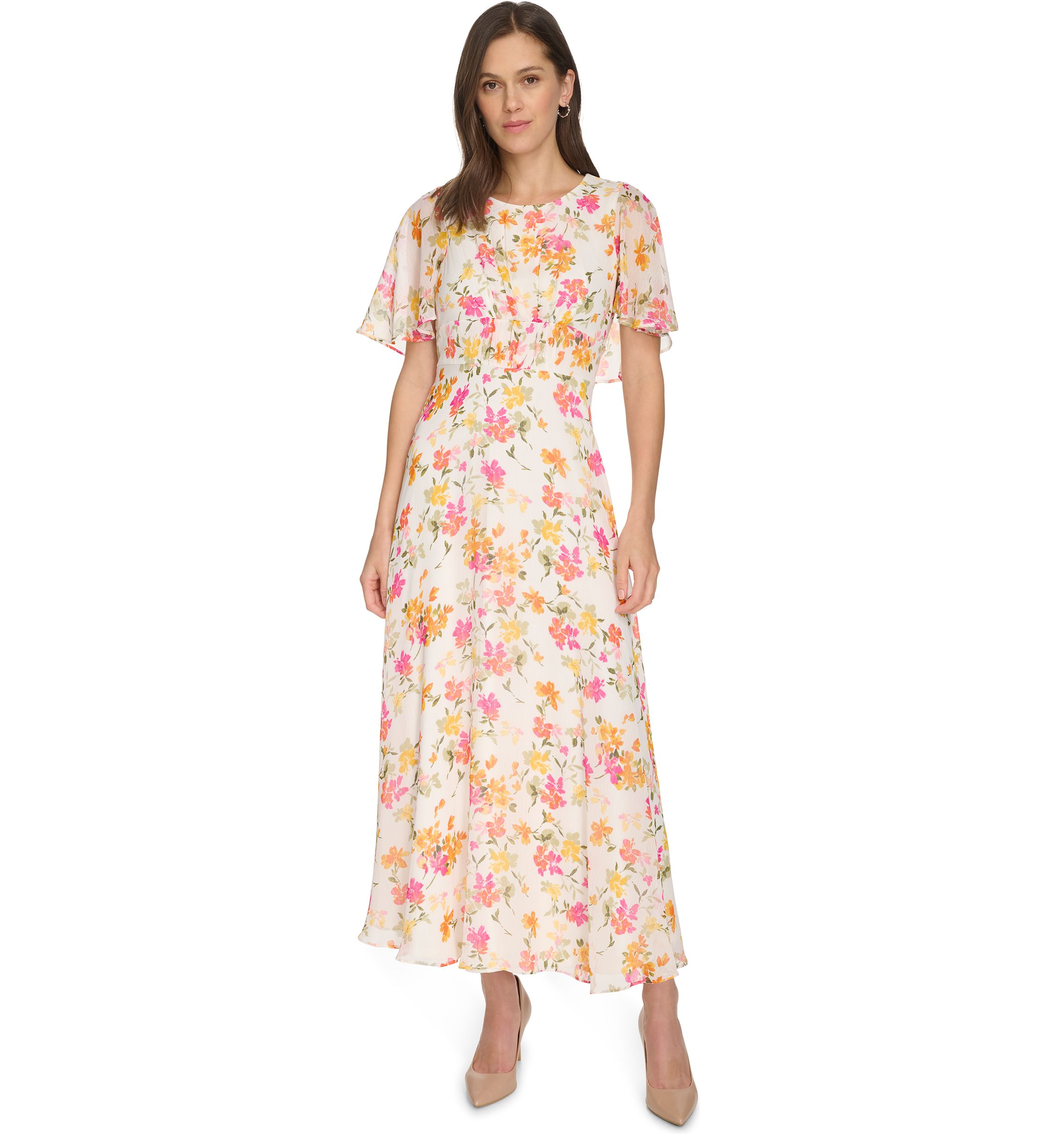 Womens Short Sleeve Crew Neck Floral Maxi Dress