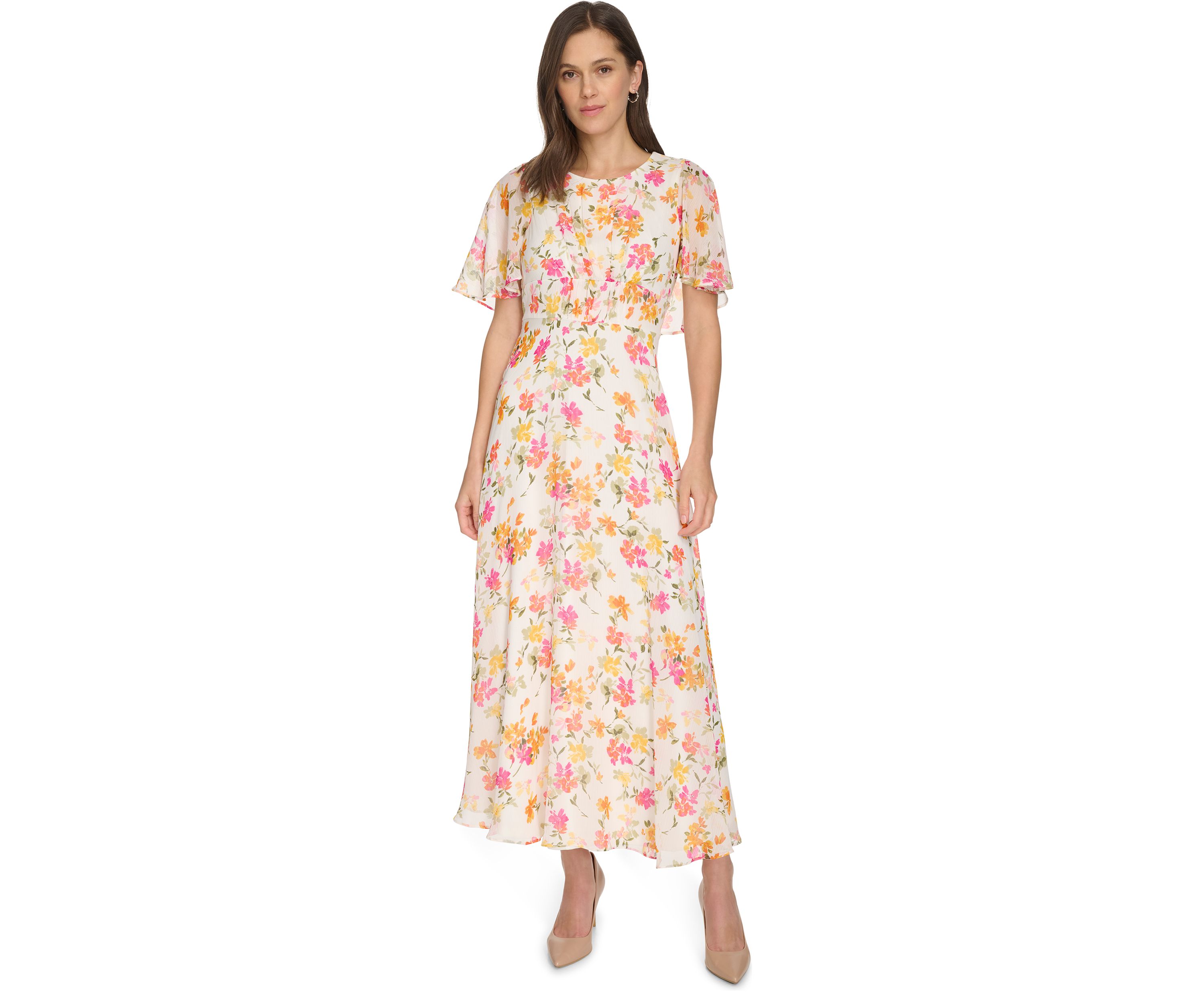 Womens Short Sleeve Crew Neck Floral Maxi Dress