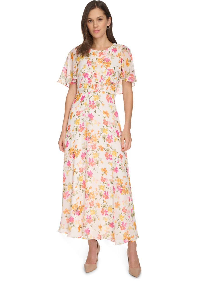 calvin klein dresses Floral Plus Size Ruffled Dress - Red Multi Roundneck Short puff sleeves Back zip closure Over Calvin Klein Women's Starburst Sheath