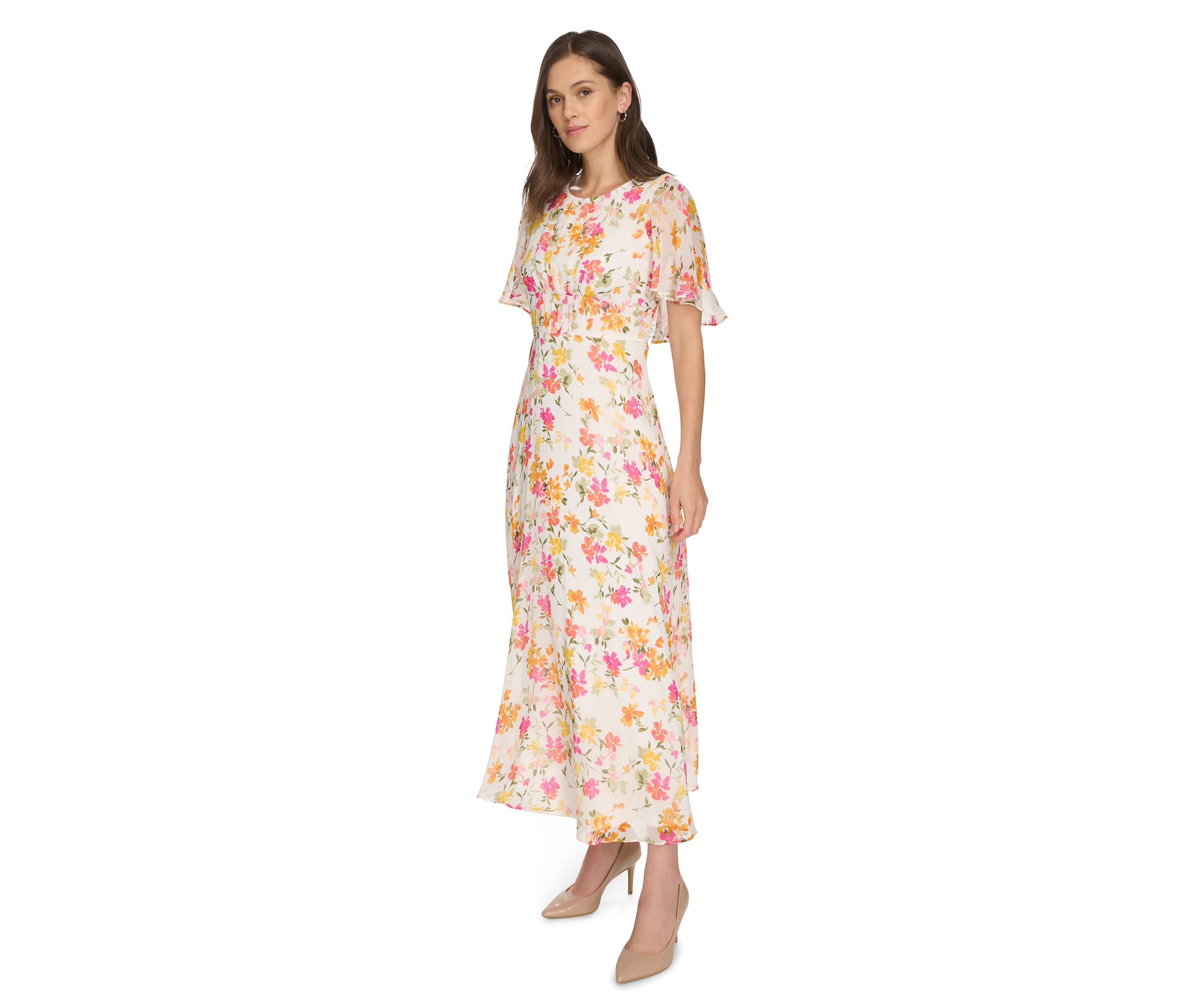 Womens Short Sleeve Crew Neck Floral Maxi Dress