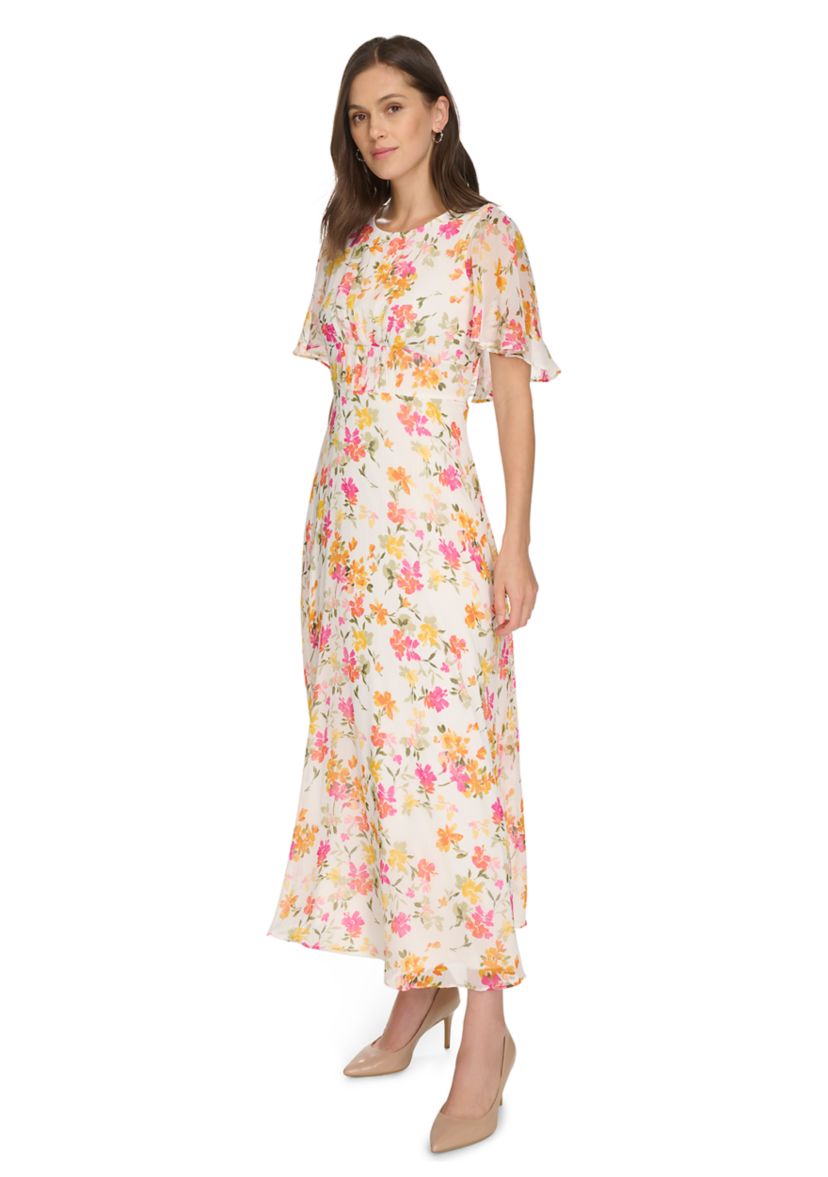 Womens Short Sleeve Crew Neck Floral Maxi Dress