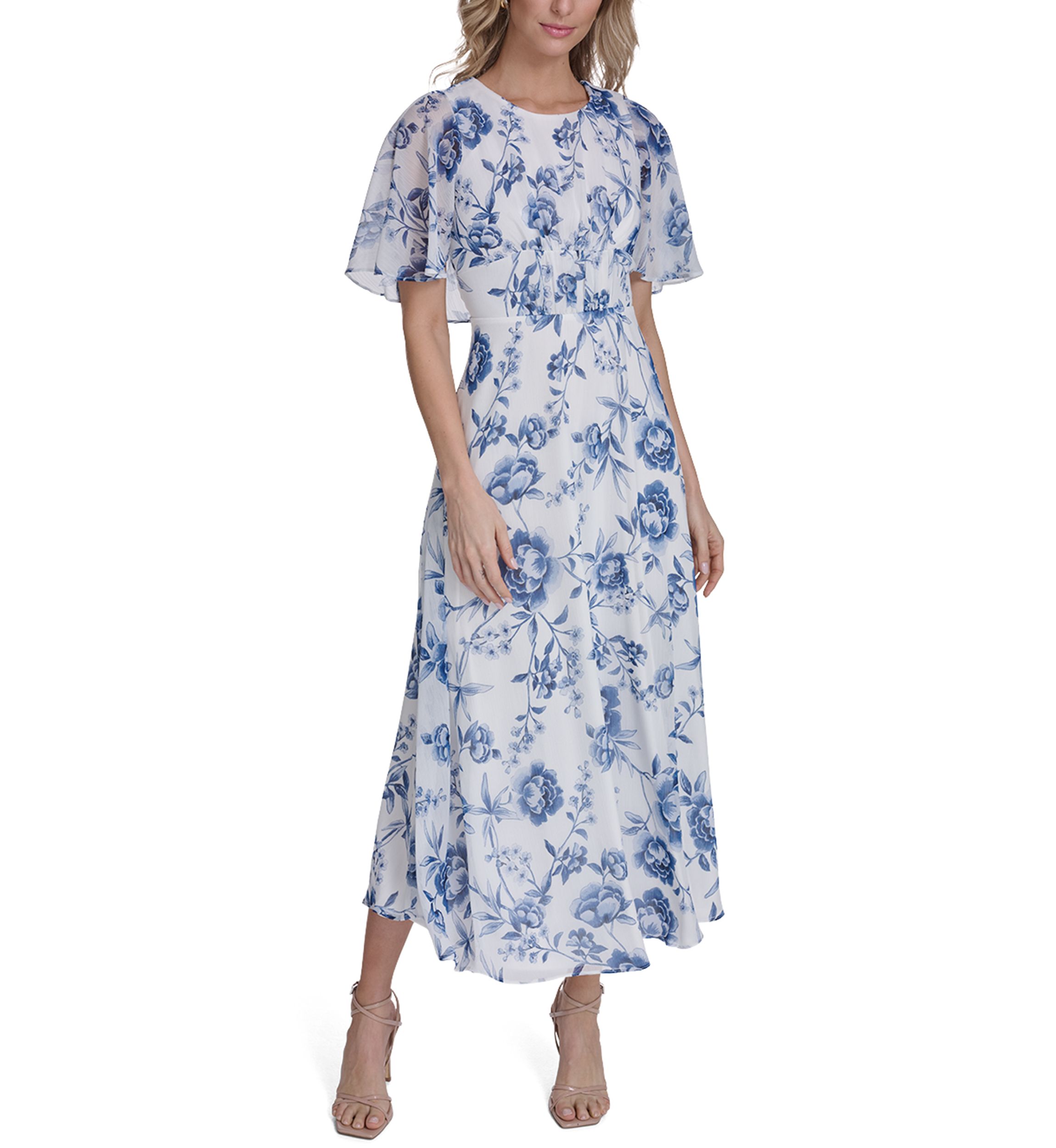Womens Short Sleeve Floral A-Line Maxi Dress