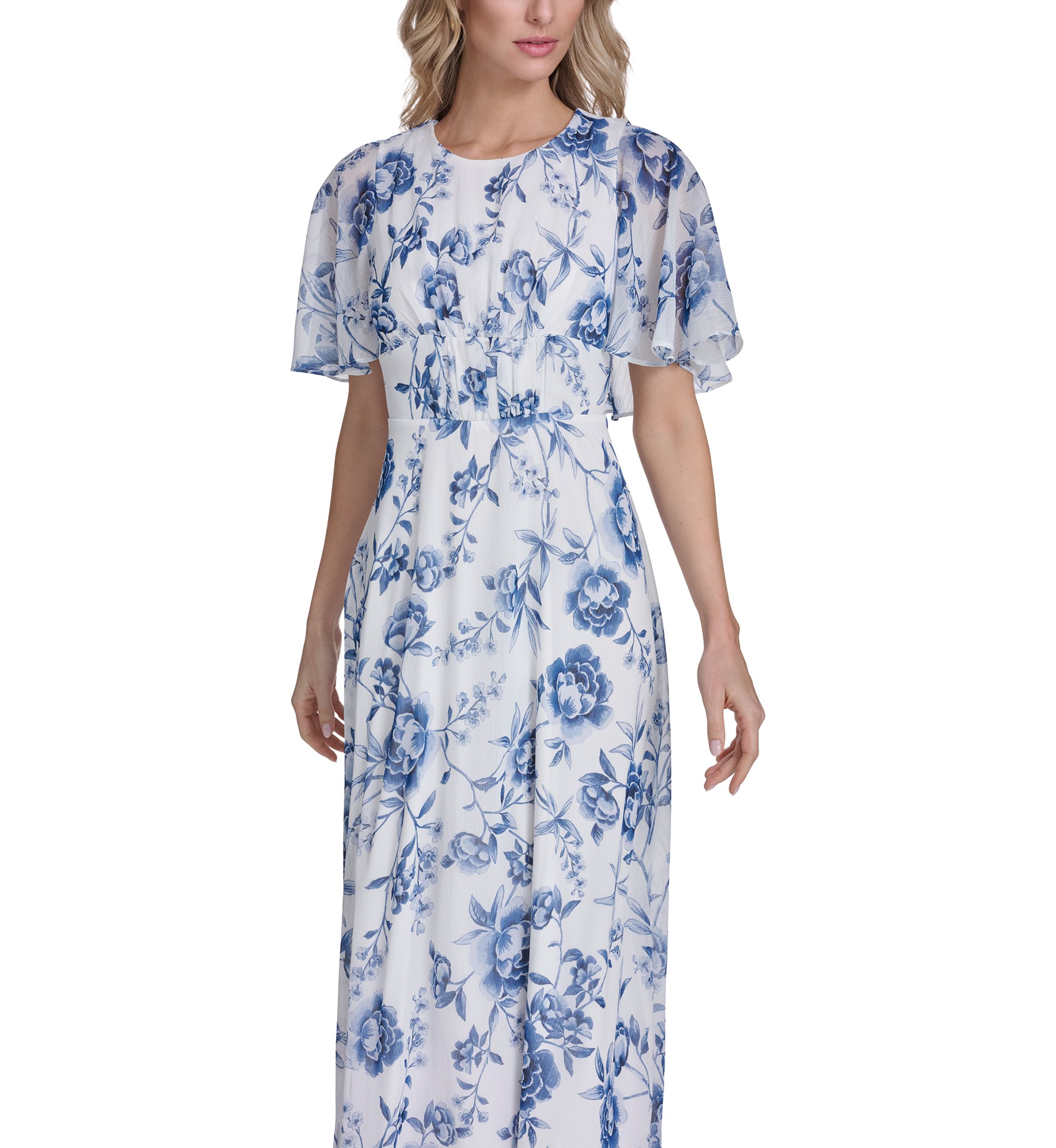 calvin klein blue floral dress Women's Short Sleeve A-Line Maxi Floral shirt