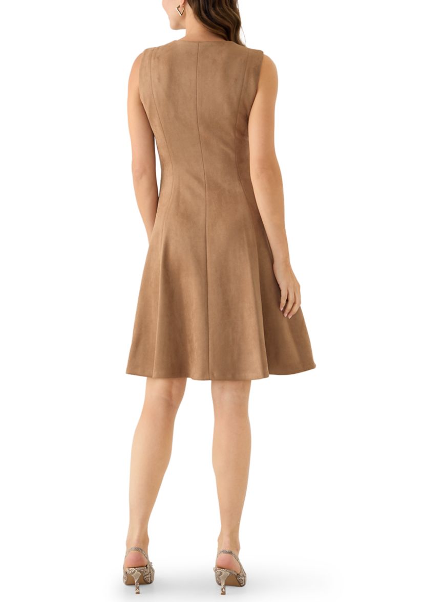 Calvin Klein Sleeveless Zipper Suede Aline Women's Dress Luggage : 14