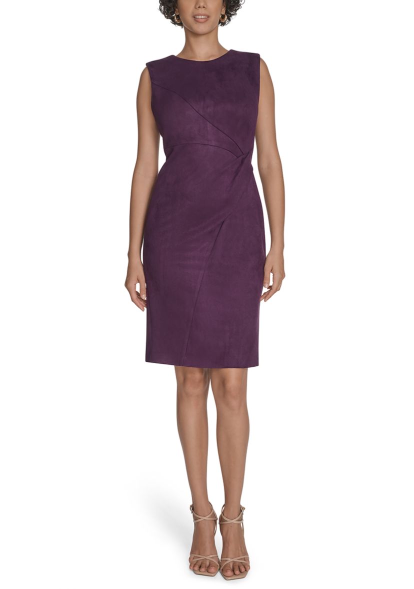 Womens Sleeveless Solid Suede Sheath Dress