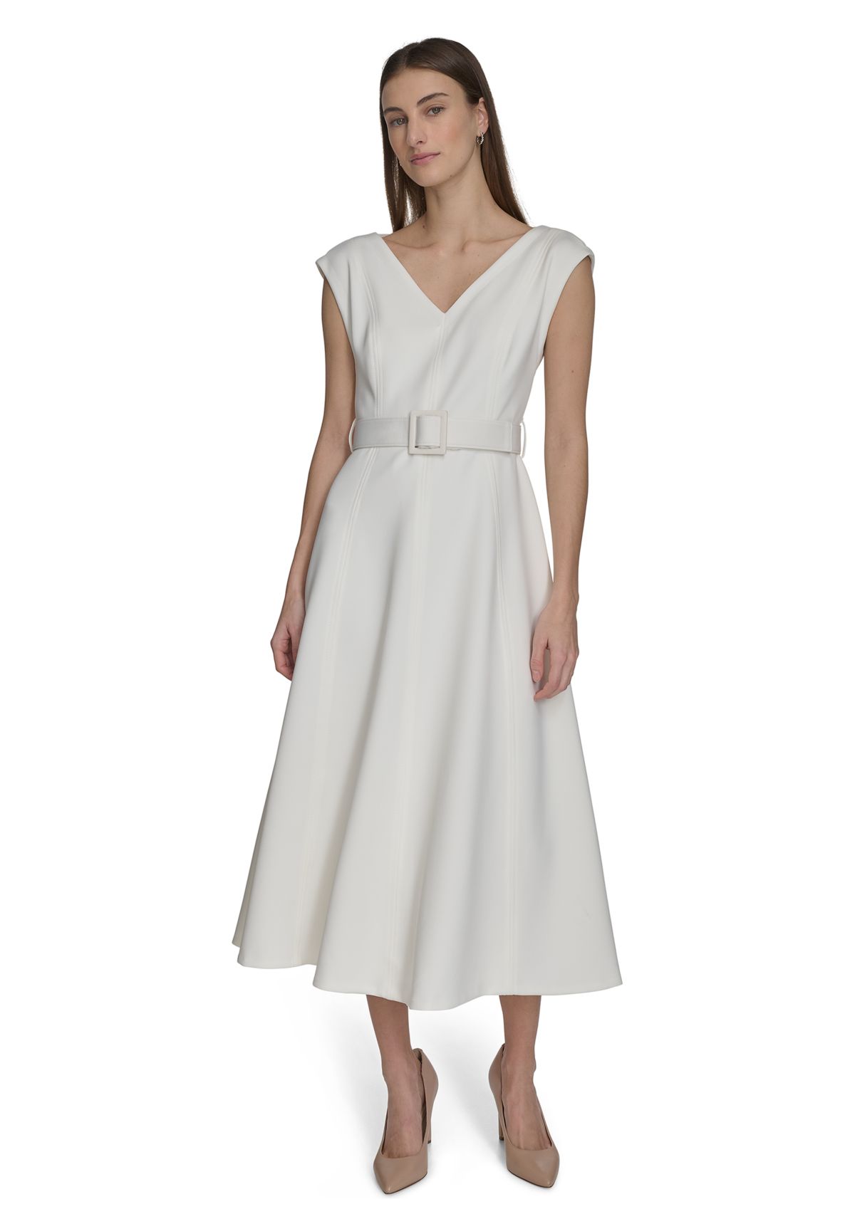 Womens Cap Sleeve V-Neck Belted A-Line Dress 