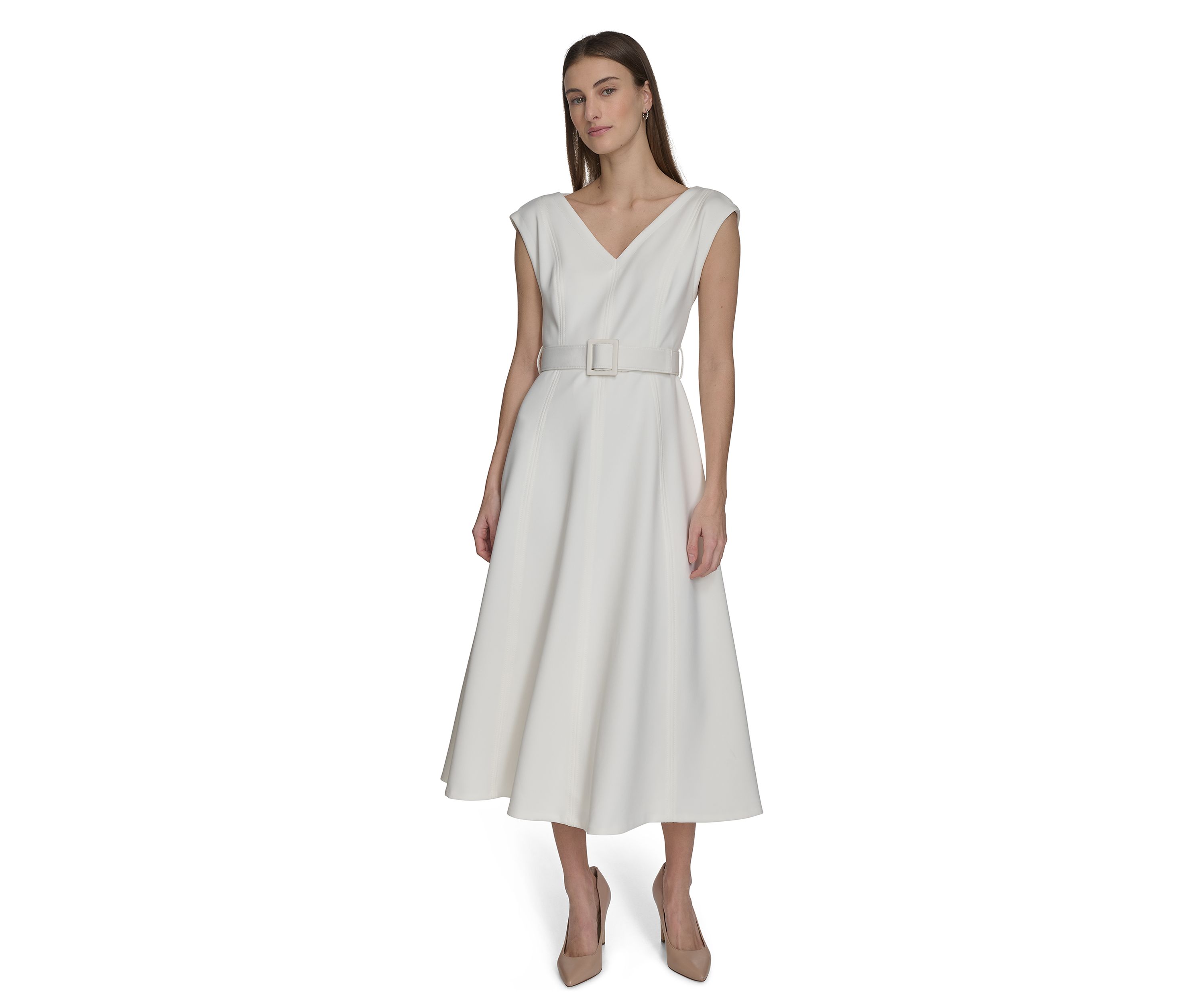 Womens Cap Sleeve V-Neck Belted A-Line Dress 