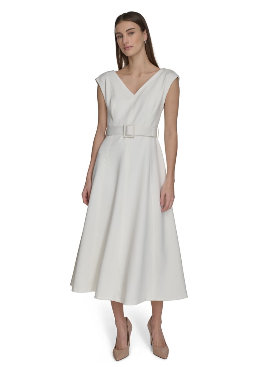 Womens Cap Sleeve V-Neck Belted A-Line Dress 