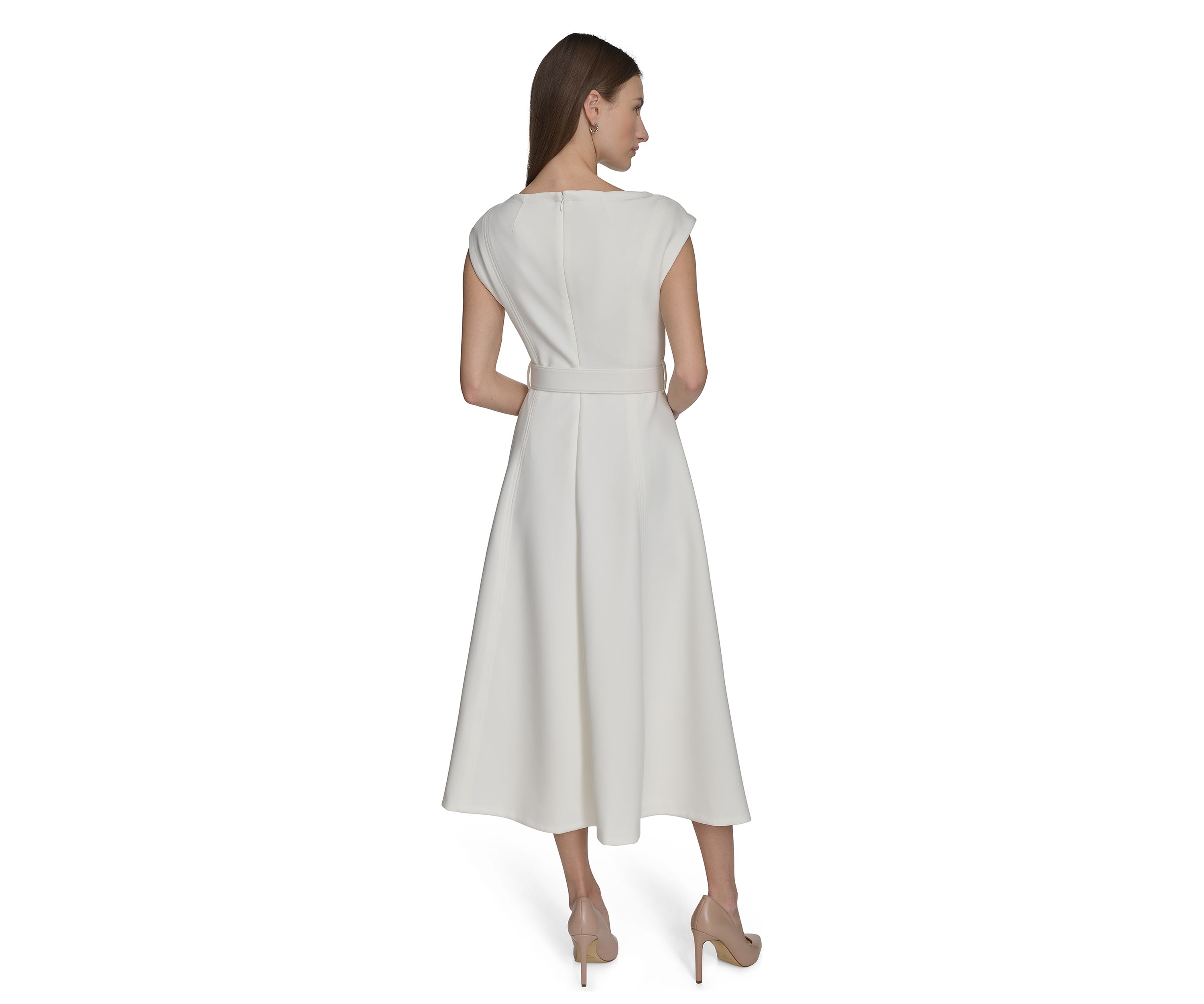 Womens Cap Sleeve V-Neck Belted A-Line Dress 