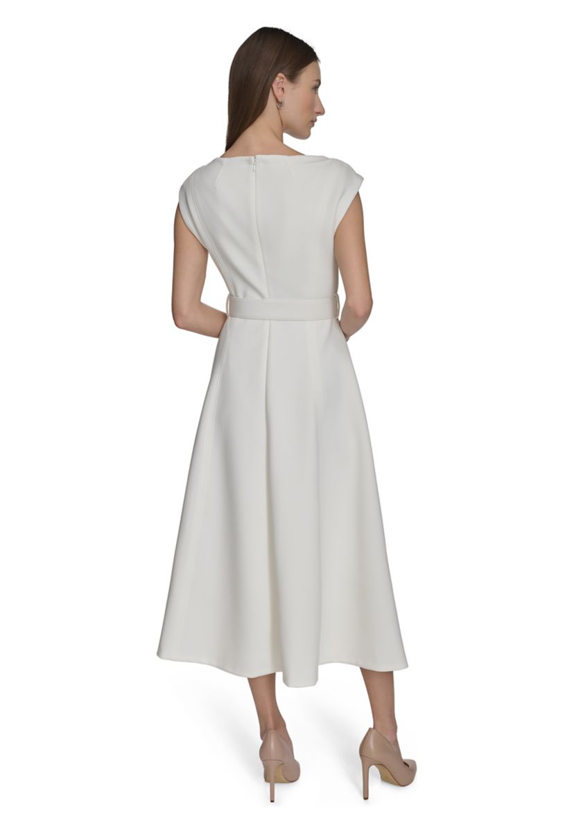 Womens Cap Sleeve V-Neck Belted A-Line Dress 