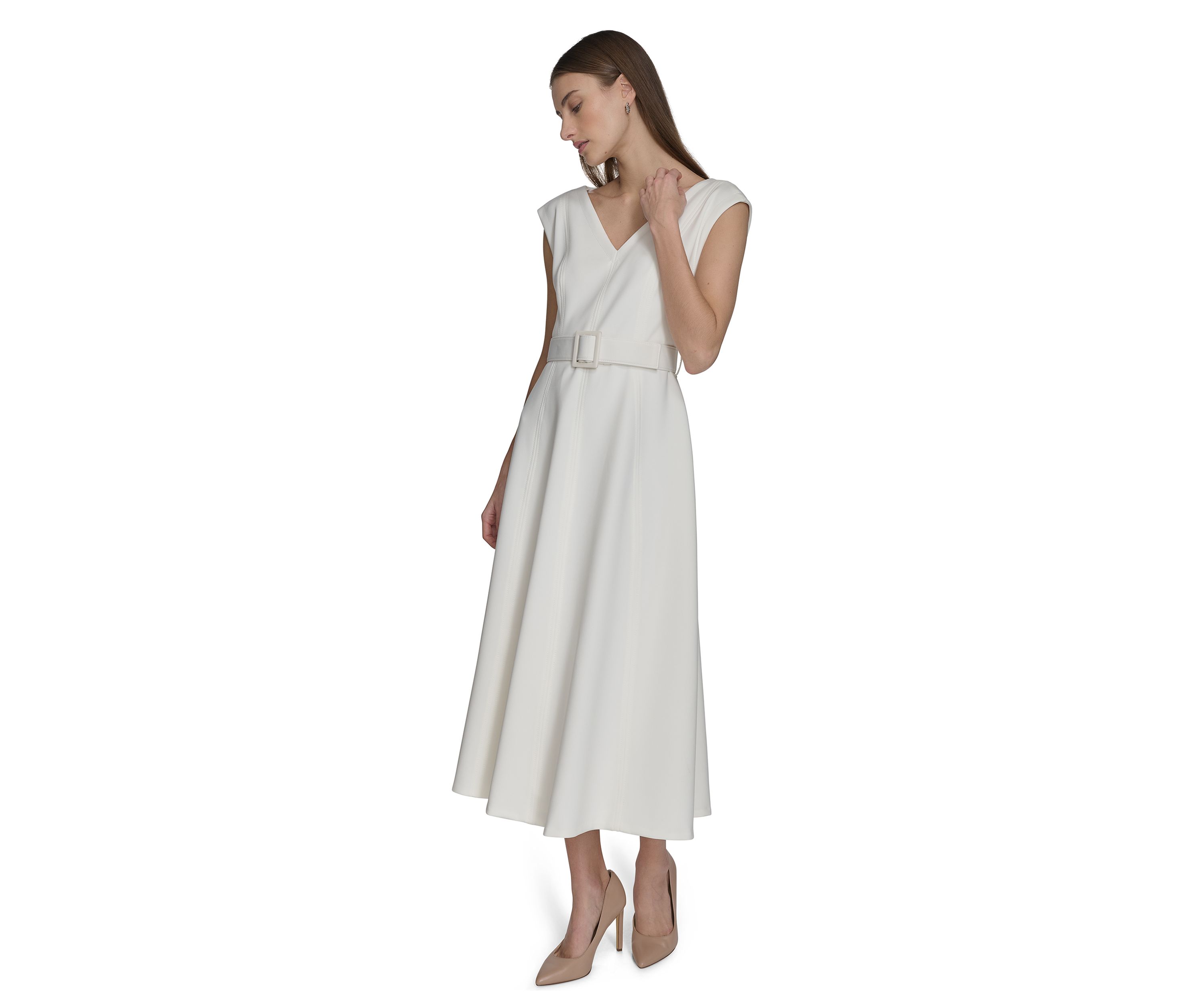 Womens Cap Sleeve V-Neck Belted A-Line Dress 