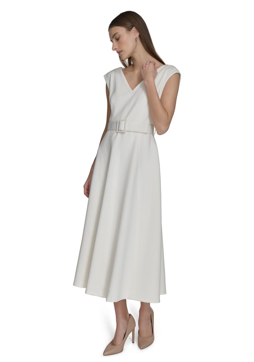Womens Cap Sleeve V-Neck Belted A-Line Dress 