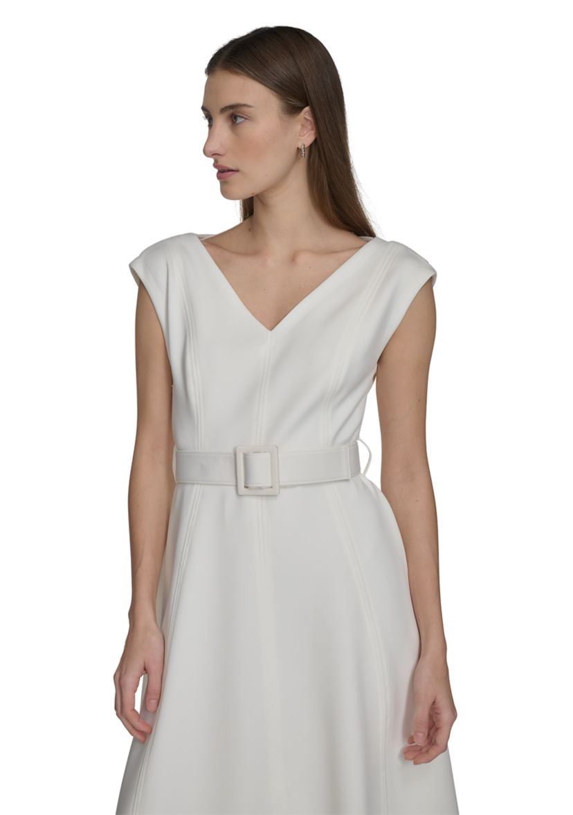 Womens Cap Sleeve V-Neck Belted A-Line Dress 