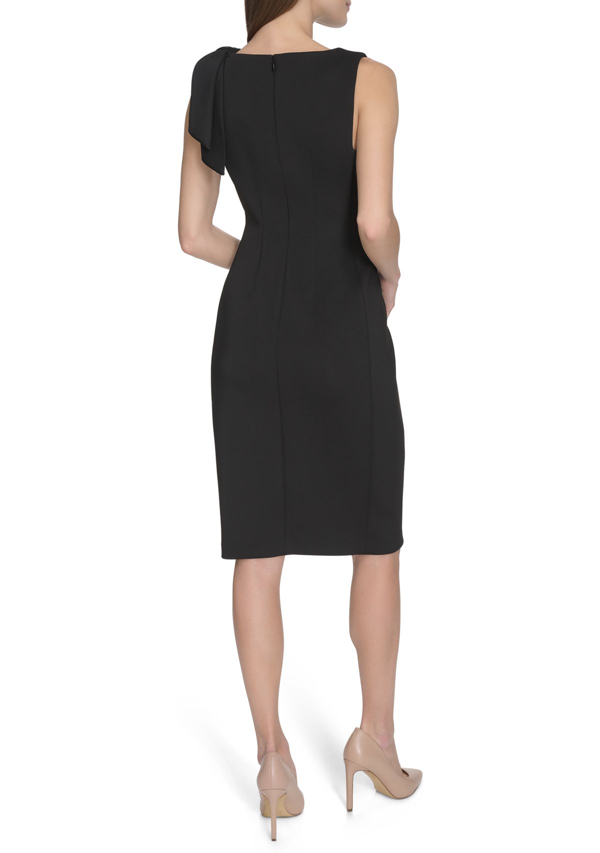 Womens Sleeveless Solid Scuba Sheath Dress with Neck Bow 